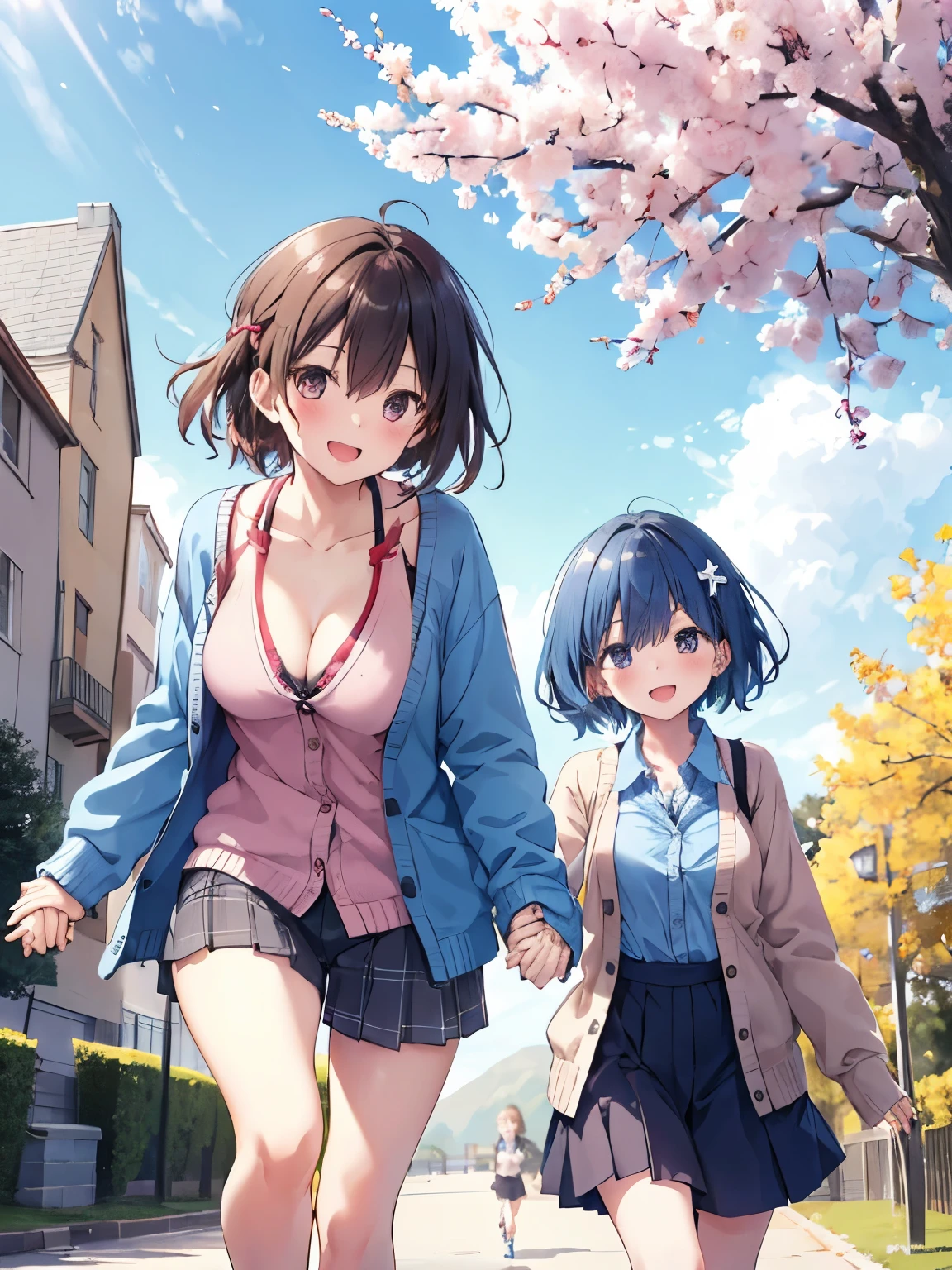 2girls, running each other, spring, chree tree, joyful smile, one girl running from behind, cleavage, holding hands, chic clothes, cardigan