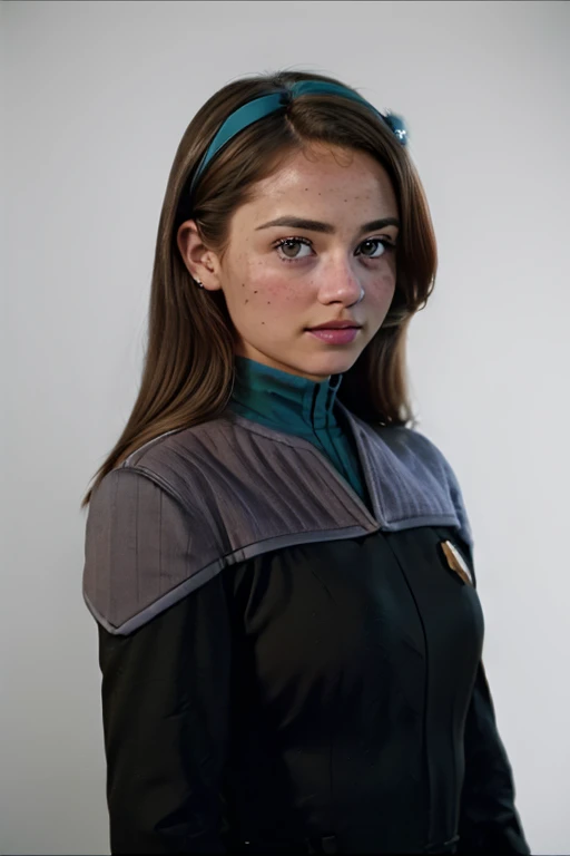 Jenna Coleman, Emma Rigby, Emilie de Ravin, young woman in teal s3stngunf uniform,real, masterpiece, best quality, (detail skin texture, ultra-detailed body), 1girl, solo, Brown wavy hair, hairband, realistic, long hair, lips, upper body, expressionless, brown eyes, smile, Full body,