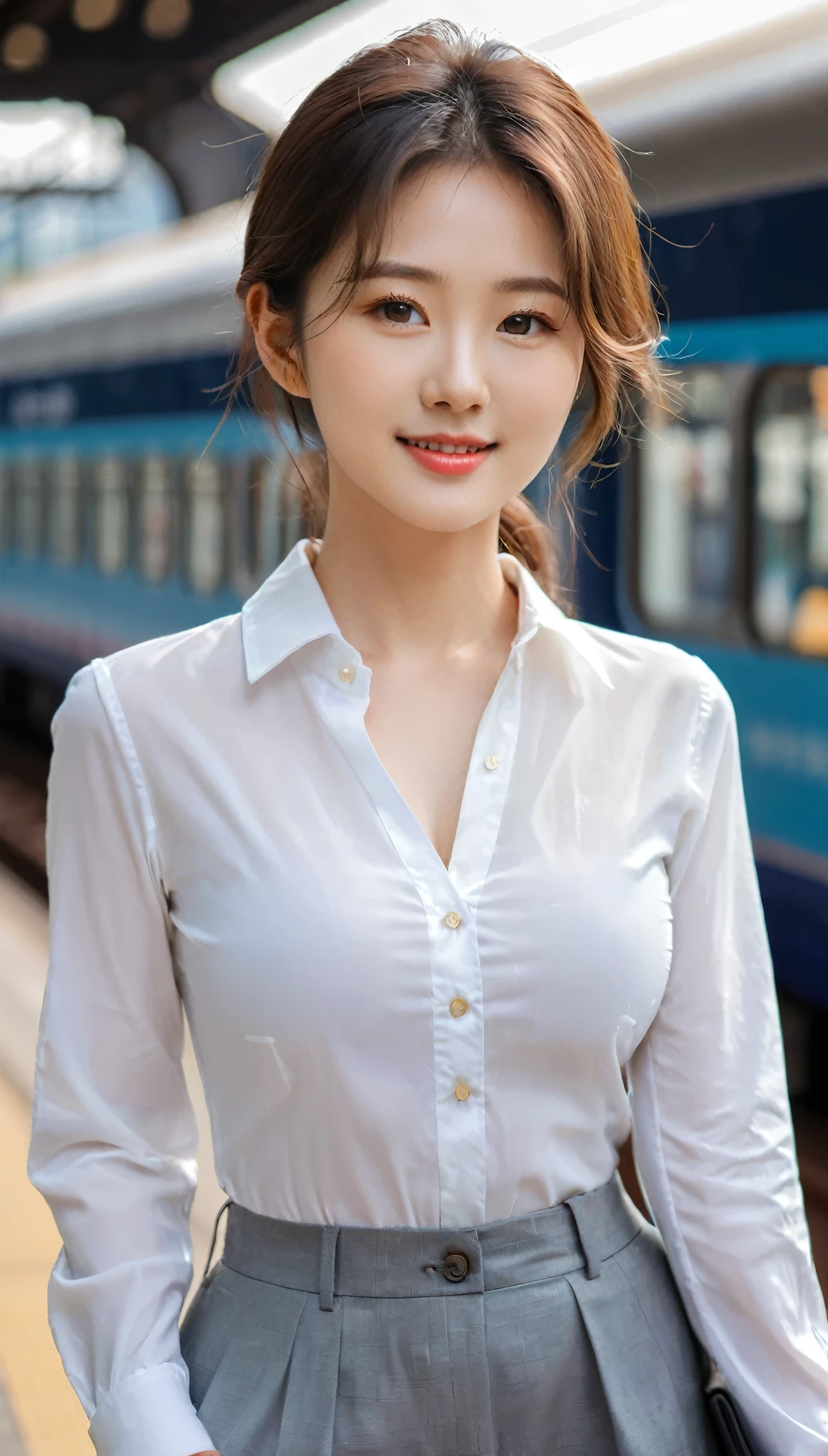 close-up, of beautiful korean female, 34 inch breasts size, slightly smile, wearing long sleeve shirt, at the train station, bokeh background 