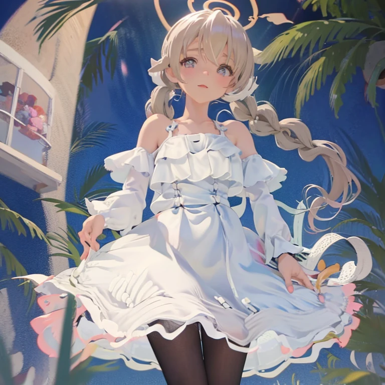 Fille manga 14 ans Elle a les yeux rose pastel. Long ash blonde hair with two braids. dressed in white.
