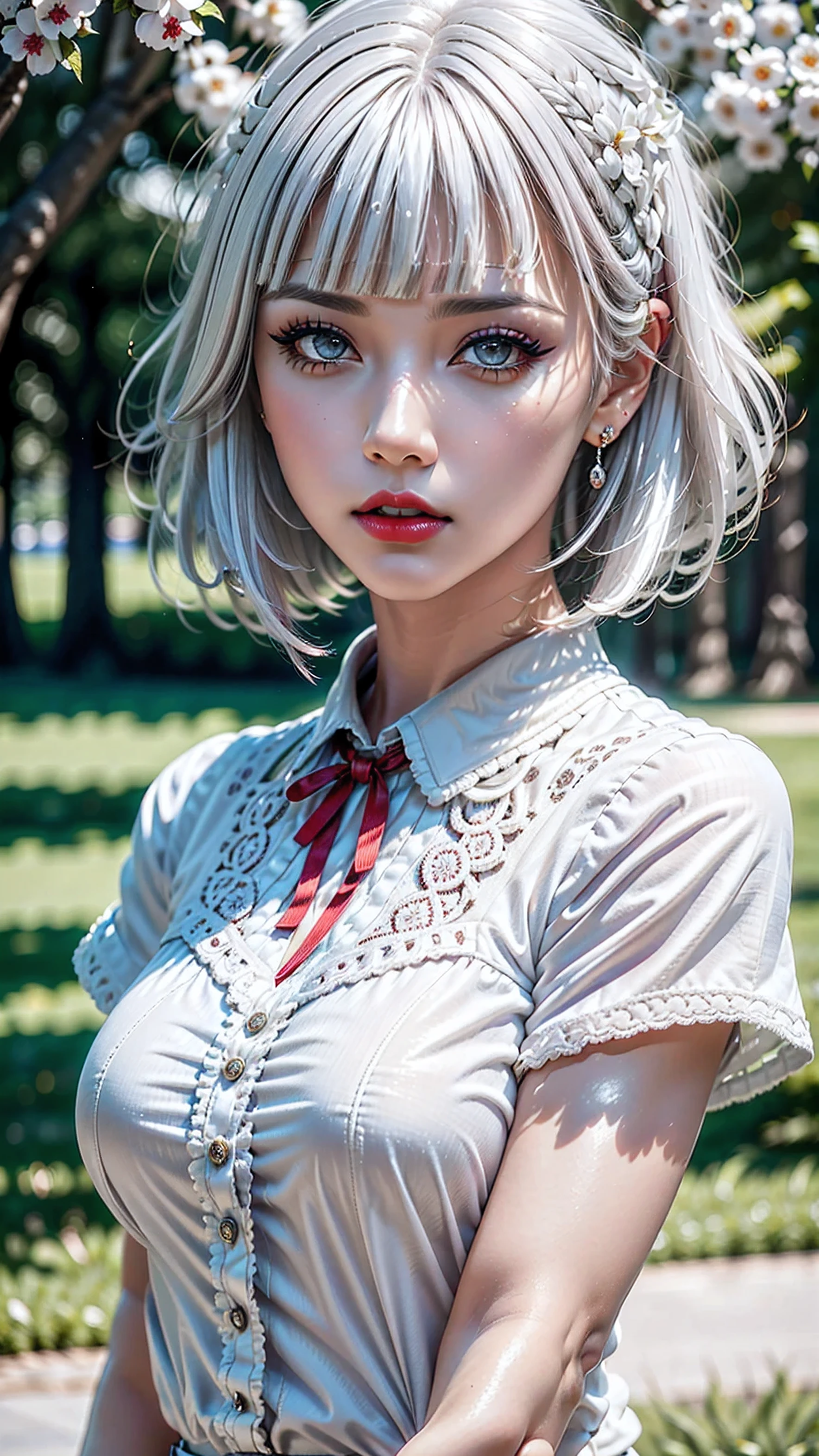 Divide Ratio : 1,1,1 Base Ratio: ((portrait)),beauty (mixed girls) in (highly detailed 32k absurd art of a ((girl 18-year-old)) ),fashion supermodel,(best high quality real texture skin:1.3),((ebony skin female:1.15)),(best quality texture hair:1.4),BREAK,(((hair dark|white hair((bangs swept to the side)) intricate detailed:1.5))),((outside,an orchard of blooming cherry trees:1.3)),(best high quality:1.4),(photo realistic:1.5),(Hyper realistic:1.5),((sharp focus)),(highest resolution),((soft neon lighting on the face and body)),(perfect proportions),(anatomically correct),(perfect female body),(firm normal full breasts:1.3),slim face,beautiful cheekbones,((slim,swell-muscled body:1.24)),(Super beautiful face),(realistic face),(highly detailed face:1.4),absurd(ultra detailed eyes), finely detailed face,finely quality eyes,(tired and sleepy and satisfied:0.0),(close up of a woman's eye with a digital rendering),realistic eyes,perfect round eyes,finely detailed pupils,(brown_eyes:1.3),BREAK,detailed lips:1.3,(red_lipstick:1.1),pink_makeup:1.22, long_blue_eyeliner:1.22, perfect dark_eyeshadows:1.35, there a close up of a woman's, (super detailed makeup on eyes:1.3), iridescent eyes, with professional makeup, vibrant eyes:1.2, (Detailed nose:1.2),BREAK,(extremely detailed:1.23 (collared blouse shirt:1.3)),BREAK,small head:1.4, ((ornament red ribbon on head:1.33)),exquisite balance of shadows,perfect composition,(((upper body shot:1.2))),((look at the viewer)), Hasselblad, 50mm f/2.2