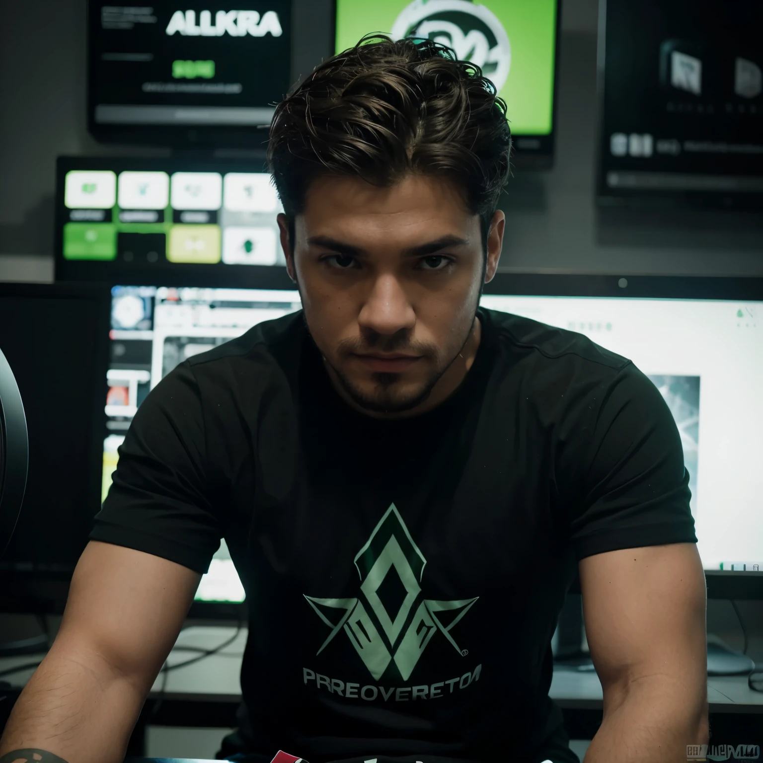 Chico de pelo grisy ojos ambar juagando en una computadora estilo gamer profecional y en su camiseta de color negro con verde que diga con legras de color blanco la palabra AKIRO