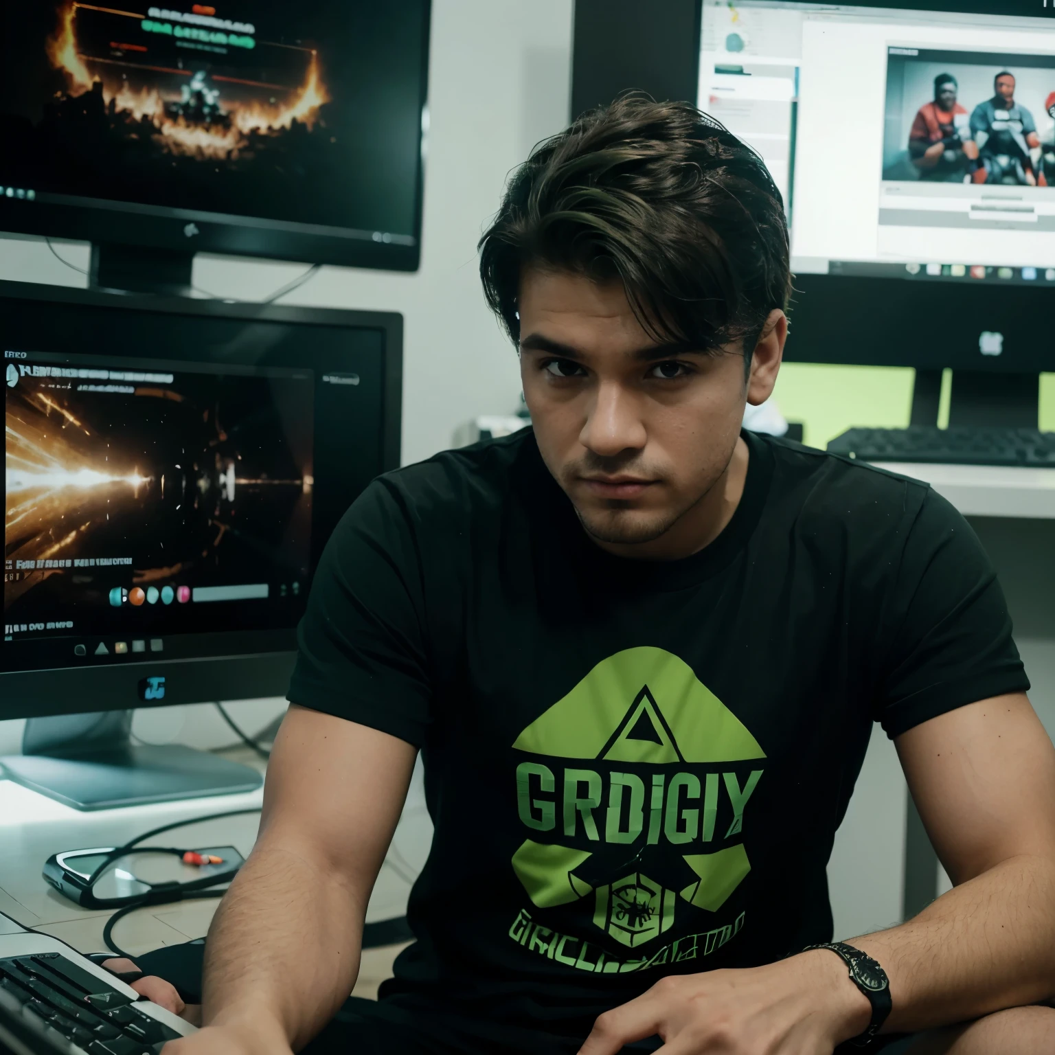 Chico de pelo grisy ojos ambar juagando en una computadora estilo gamer profecional y en su camiseta de color negro con verde que diga con legras de color blanco la palabra AKIRO