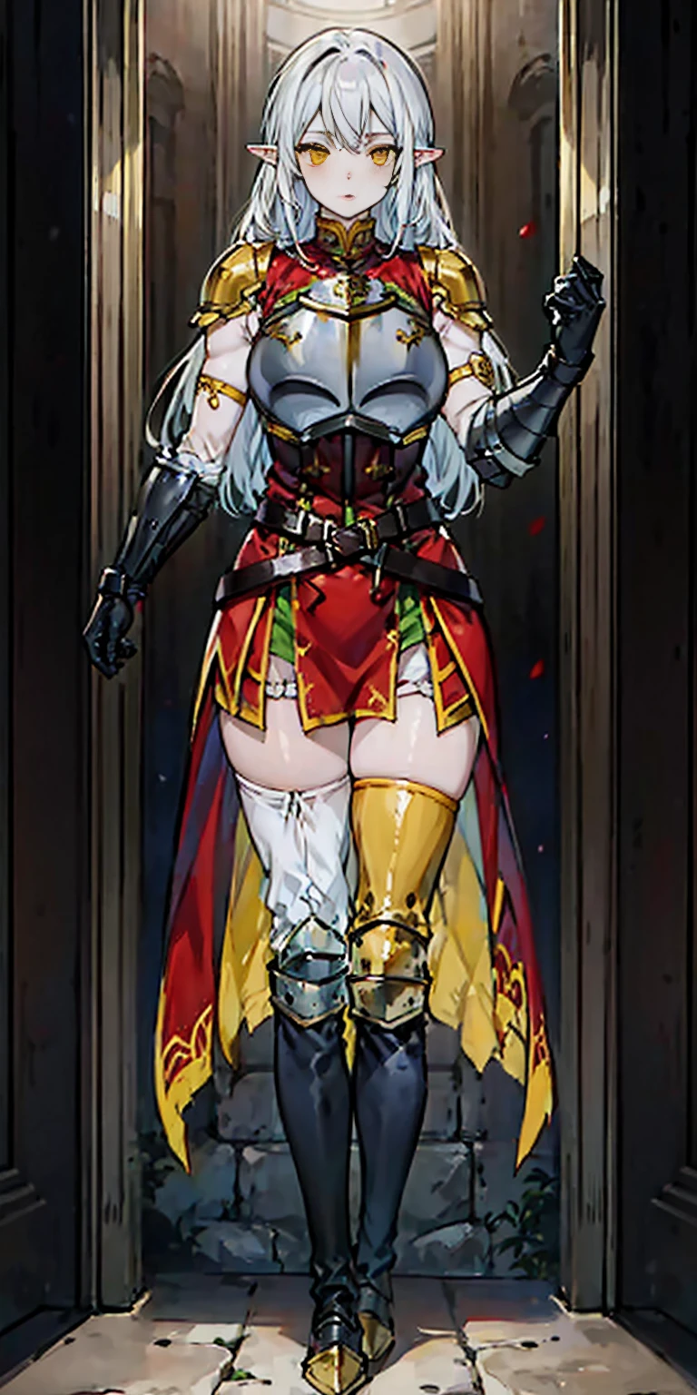 masterpiece, best quality, high quality, 1solo white SKIN elf, long hair, white hair, yellow eyes, full body, breastplate, looking at viewer, shiny, armor, thigh highs, high boots, shoulder armor, faulds, poleyn, gloves, gauntlets