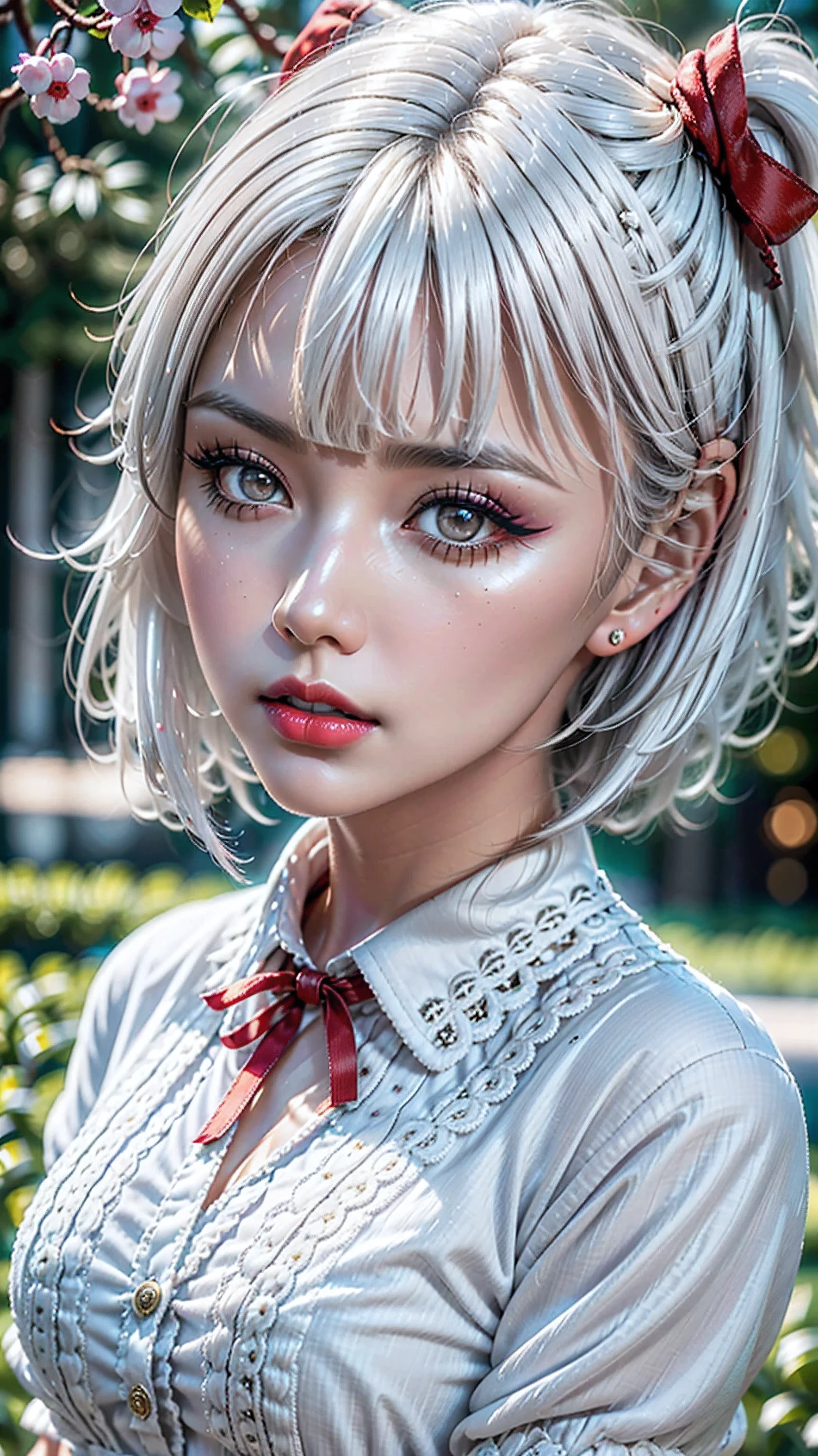 Divide Ratio : 1,1,1 Base Ratio: ((portrait)),beauty (mixed girls) in (highly detailed 32k absurd art of a ((girl 18-year-old)) ),fashion supermodel,(best high quality real texture skin:1.3),((ebony skin female:1.15)),(best quality texture hair:1.4),BREAK,(((bright dark|white hair((bangs swept to the side)) intricate detailed:1.55))),((outside,an orchard of blooming cherry trees:1.3)),(best high quality:1.4),(photo realistic:1.5),(Hyper realistic:1.5),((sharp focus)),(highest resolution),((soft neon lighting on the face and body)),(perfect proportions),(anatomically correct),(perfect female body),(firm normal full breasts:1.3),slim face,beautiful cheekbones,((slim,swell-muscled body:1.24)),(Super beautiful face),(realistic face),(highly detailed face:1.4),absurd(ultra detailed eyes), finely detailed face,finely quality eyes,(tired and sleepy and satisfied:0.0),(close up of a woman's eye with a digital rendering),realistic eyes,perfect round eyes,finely detailed pupils,(brown_eyes:1.3),BREAK,detailed lips:1.3,(red_lipstick:1.1),pink_makeup:1.22, long_blue_eyeliner:1.22, perfect dark_eyeshadows:1.35, there a close up of a woman's, (super detailed makeup on eyes:1.3), iridescent eyes, with professional makeup, vibrant eyes:1.2, (Detailed nose:1.2),BREAK,(extremely detailed:1.23 (collared blouse shirt:1.3)),BREAK,small head:1.4, ((ornament red ribbon on head:1.33)),exquisite balance of shadows,perfect composition,(((upper body shot:1.2))),((look at the viewer)), Hasselblad, 50mm f/2.2
