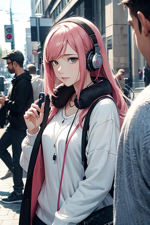 A woman with headphones around her neck holds a mobile phone over her shoulder towards a man's neck