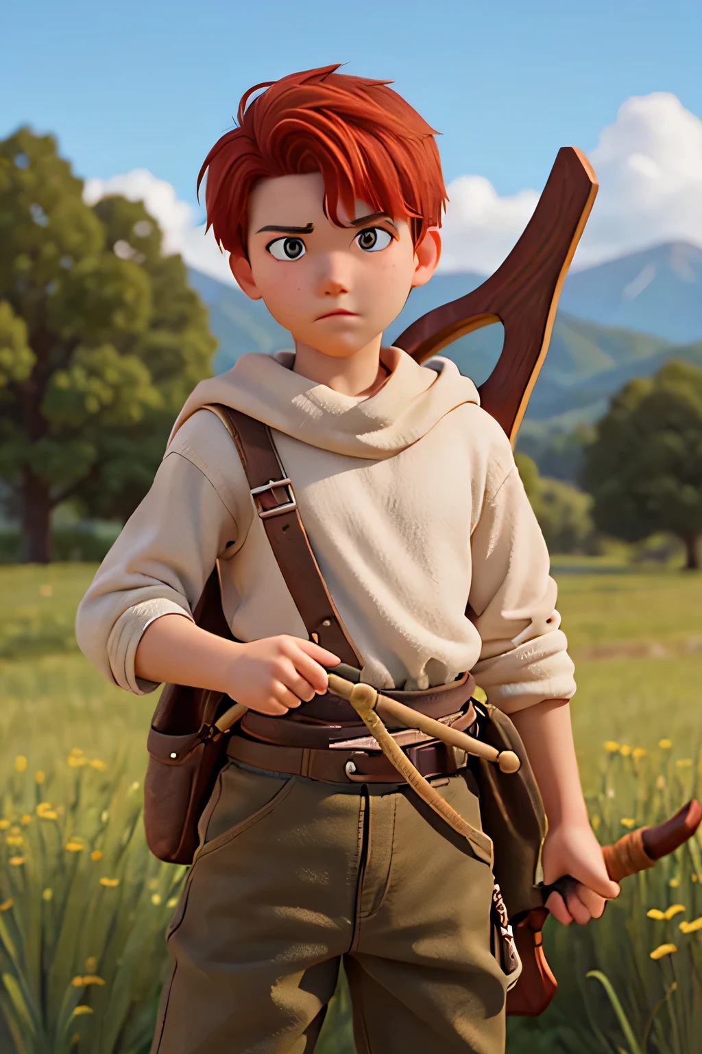 young boy, , short red hair, in sheepherder's clothes, holding a slingshot in his right hand, with an apprehensive look, in an open field, in a fight with a giant, biblical style