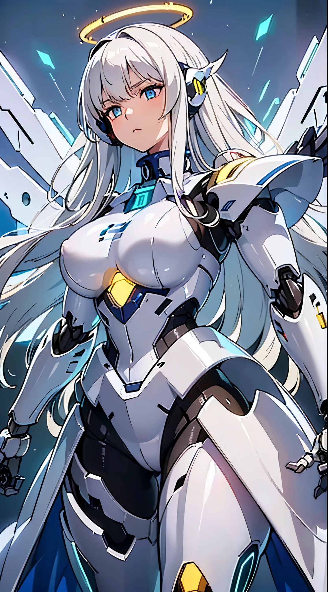 ((No expression:1.3))、((青くGlowing machine eyes:1.3))、((Mechaニカルheadgear:1.3))、((Cyber Headphones:1.3))、((8K)), ((32k)), ((highest quality)), ((masterpiece)), ((超A high resolution)), ((T Masterpiece)), ((halo:1.3))、fine skin texture, fine cloth texture, fine metal texture、((beautiful and detailed face))、Raw photo、Professional, Ultra-fine painting, ((solo)), beautiful breasts、highest quality, Super detailed, Super detailed詳細, small details, very beautiful, Princess Knight Robot, (Joint of the machine, mechanical limbs:1.3), (The internal structure of the machine is exposed:1.3), (White long hair 1.1), (Beautiful and huge mechanical breasts)、white veil, cowboy_shot, side focus, headgear, shiny, ((Glowing machine eyes:1.8))、 (five fingers, 4 fingers and 1 thumb),concept art, anime fantasy artwork, detailed fantasy art, (Has silvery white hair and large white wings,), (((long hair))), (Mecha:1.6)、Sleek and menacing design, ((Armament of the Supreme Commander-in-Chief)), (perfect robot body)、Pure white and blue-purple armor, symmetrical wings, 8K high quality detailed art, 3D rendering of character art in 8K, clear legs, defined, defined fingers, NSFW、((head shot:1.3))