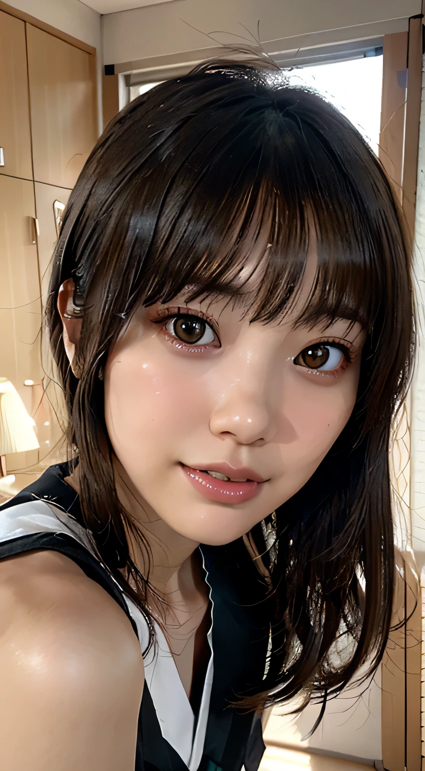 (hyper real stick:1.4), (realistic:1.4、ideal body proportions:1.4、Beautiful symmetrical face、bangs:1.4、shiny hair:1.4), debris flies、highest quality、Beautifully detailed female eye with intense highlights, very detailedなeyeと顔, beautiful and fine eye, that&#39;that&#39;that&#39;that&#39;ridiculous, unbelievable that&#39;that&#39;that&#39;that&#39;ridiculous,cute smile、 Super detailed, High resolution, very detailed, highest quality, Masseter muscle part, ((japanese girl&#39; high school uniform)), very detailed, 8k wallpaper, growing up, finely, Masseter muscle part,, highest quality, very detailed um uniform 8k wallpaper, light shines on your face、movie lighting、28 year old female、((dynamic pose))、(half)、(very tall supermodel:1.4、Sit cross-legged with your knees bent, brunette, medium short bob hair、long neck、Please tell me your year&#39;eye、Rashi&#39;beautiful teeth、cute、Very cute、Beautiful woman full of charm:1.4、{Huge|big|huge|mega} chest:1.4, cleavage