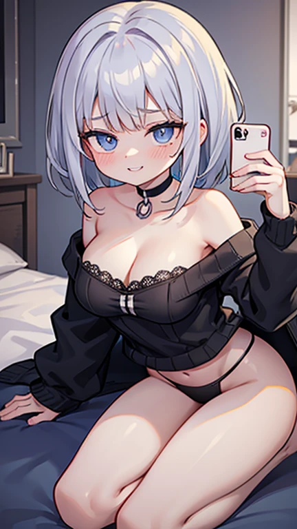 ((highest quality)), ((masterpiece)), (become familiar with), perfect face,silver hair,medium hair,grated bangs,eyes without highlights,Desaturated dark blue eyes,Drooping eyes,grinning,look down,black choker,tall,big breasts,Rubbing your chest with selfie,off shoulder knit,black panties,black pumps,slender,19 years old,Show the whole body,Reflection to the toes,Bedroom,