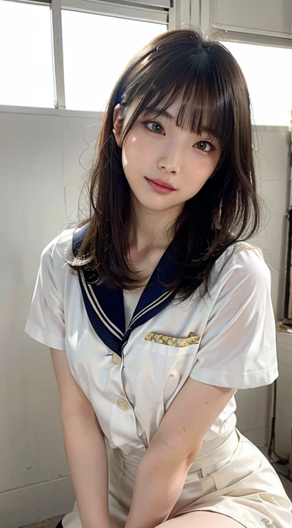 (hyper real stick:1.4), (realistic:1.4、ideal body proportions:1.4、Beautiful symmetrical face、bangs:1.4、shiny hair:1.4), debris flies、highest quality、強烈なハイライトを持つ美しく詳細な女性eye, very detailedなeyeと顔, beautiful and fine eye, that'that'that'that'ridiculous, unbelievable that'that'that'that'ridiculous,cute笑顔、 Super detailed, High resolution, very detailed, highest quality, Masseter muscle part, ((japanese girl' high school uniform)), very detailed, 8k wallpaper, growing up, finely, Masseter muscle part,, highest quality, very detailedなええとユニフォーム8k壁紙, light shines on your face、movie lighting、28 year old female、((dynamic pose))、(half)、(very tall supermodel:1.4、Sit cross-legged with your knees bent, brunette, medium short bob hair、long neck、Please tell me your year'eye、Rashi'beautiful teeth、cute、とてもcute、Beautiful woman full of charm:1.4、{Huge|big|Hugeな|mega} chest:1.4, cleavage