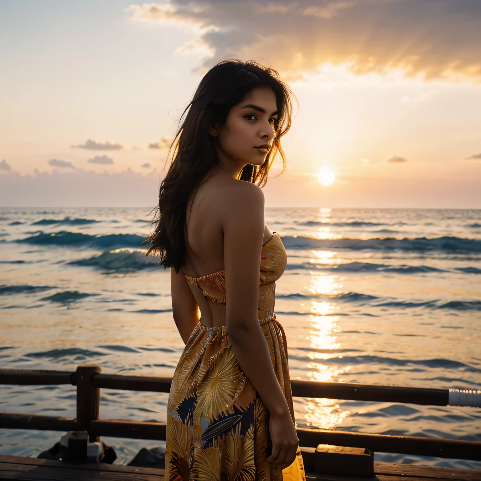 A mid-shot, realistic portrait of serene sunset scene of an Indian girl standing in the foreground. The camera angle is a side profile shot, positioned slightly below eye level, emphasizing her gaze directed outwards. The photograph exudes a warm golden hour glow, with the sun setting in the background, diffusing light around her silhouette.

The model has a slender build, and her posture is relaxed yet composed, with her shoulders slightly back, exuding an aura of quiet confidence. Her complexion is fair, and her facial features are soft and defined, complemented by her long, flowing brunette hair that catches the backlighting. The lighting creates a halo effect around her hair's edges and a soft luminance on her skin.

She is wearing a colorful, strapless dress with a playful pattern that includes floral motifs and whimsical designs, adding a vibrant contrast against the mellow backdrop. The dress fits snugly, showcasing the gracefulness of her figure.

In the background, the tranquil ocean waters merge with the fiery colors of the sky. A thatched-roof structure and palm trees are silhouetted against the sunset, suggesting a tropical resort setting. The jetty extends into the water, leading the eye towards the horizon, where the sun's last light reflects on the water's surface.

The overall effect is one of peace and natural beauty, capturing a moment of contemplation against a stunning tropical backdrop, with the model's attire and poise perfectly complementing the surrounding environment.