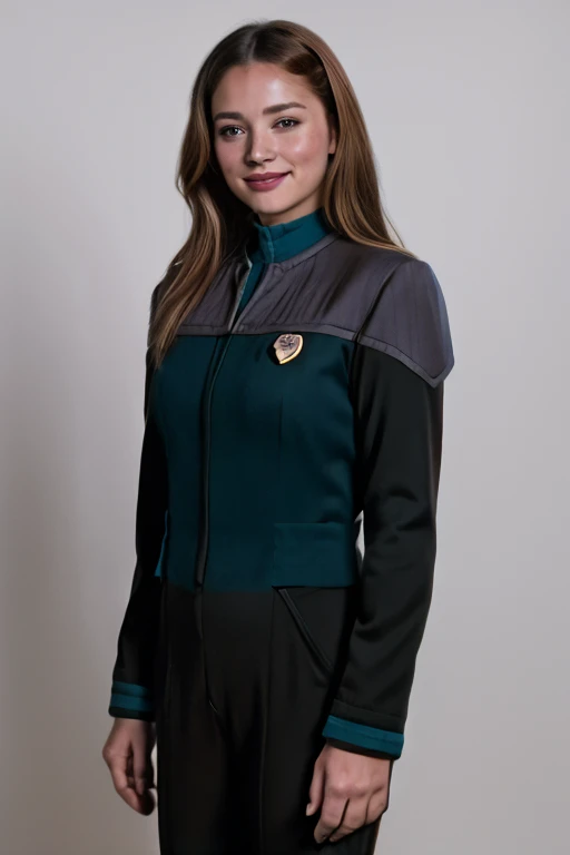 Emma Rigby, Emilie de Ravin, young woman in teal s3stngunf uniform,real, masterpiece, best quality, (detail skin texture, ultra-detailed body), 1girl, solo, Brown wavy hair, hairband, realistic, long hair, lips, upper body, expressionless, brown eyes, smile, Full body,