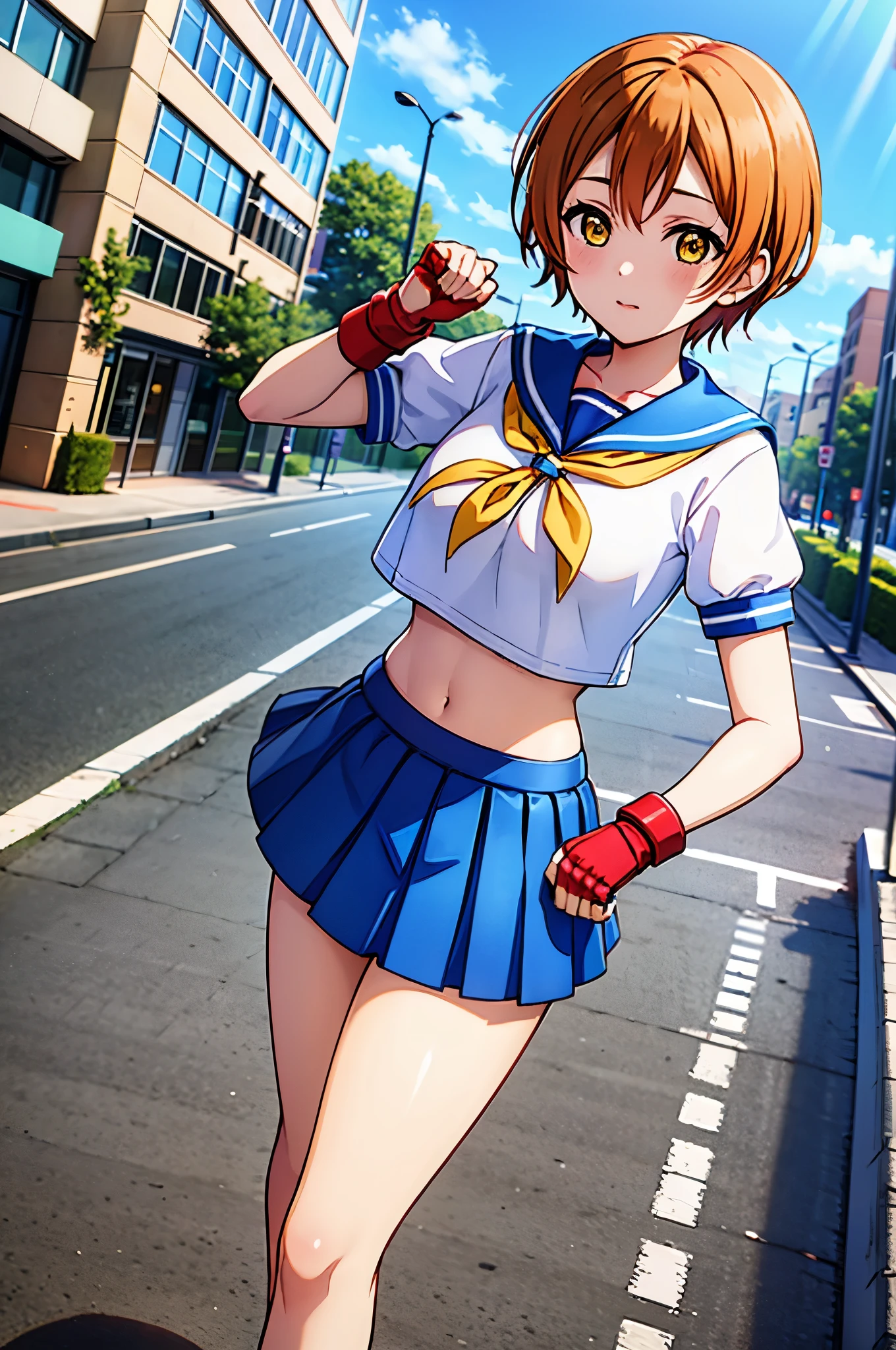 Hoshizora rin, orange hair, yellow eyes ,short hair, bangs, , crop top, red neckerchief, ((blue skirt)), fingerless gloves, thighs, standing, cowboy shot, standing,in street 