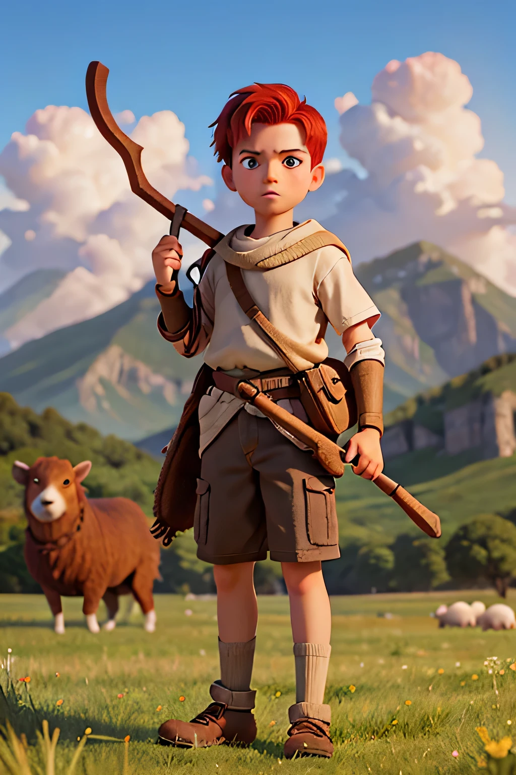 young boy, 13 years old, short red hair, in sheepherder's clothes, holding a slingshot in his right hand, with an apprehensive look, in an open field, in a fight with a giant, biblical style