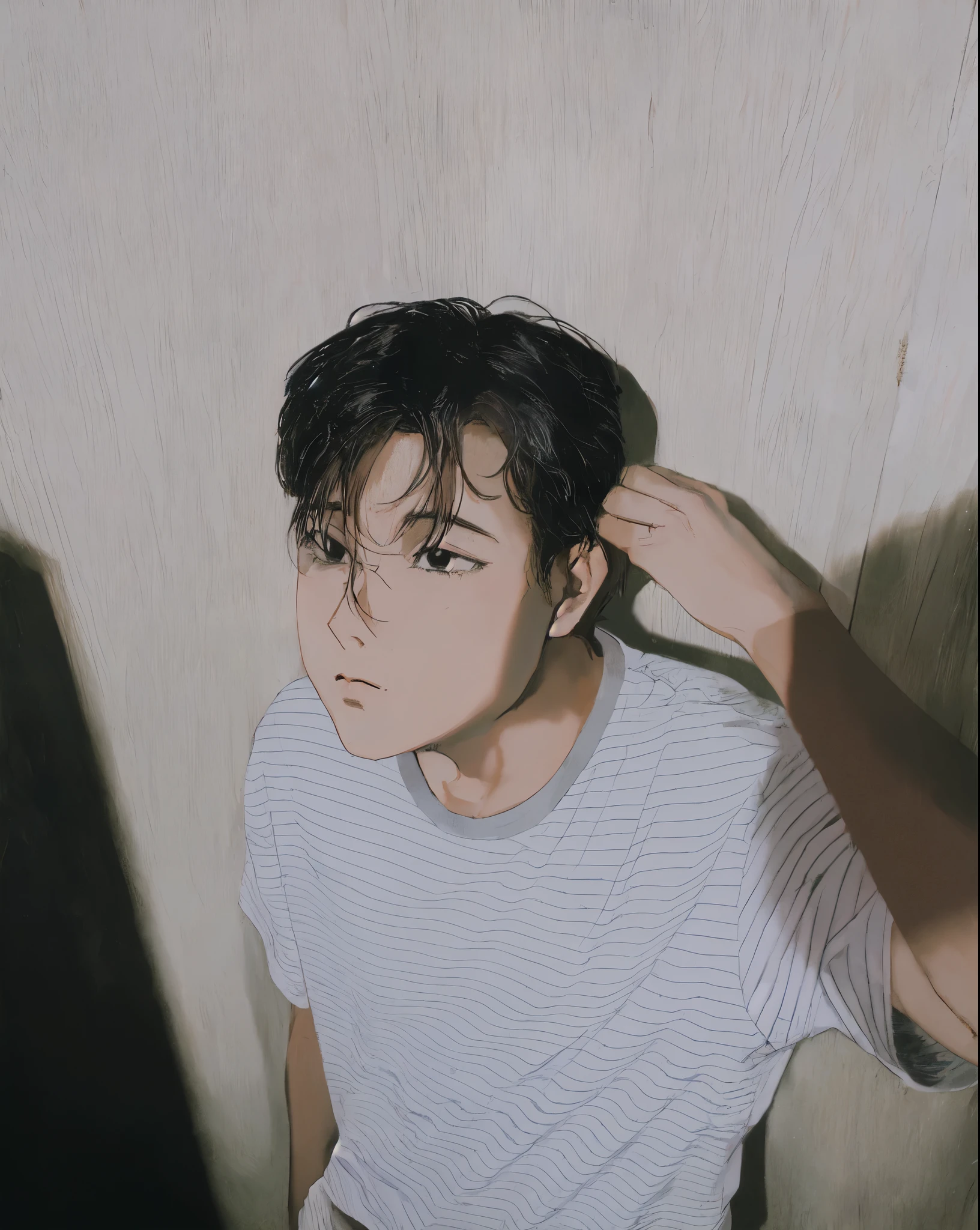 muted pastel colors, retro anime, 1990s anime, 1980s anime, brush strokes, masterpiece, best quality, 1boy, solo, black eyes, white shirt, closed mouth, medium hair, simple background