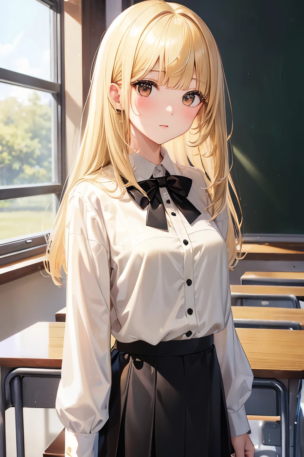 best quality, highres,Slender、brown eyes、tall、(bangs bangs:1.5)、bob hair、shortcut、classroom、18-year-old、(white blouse:1.5)、(black skirt:1.5)、(blonde:1.5) 、8 life size