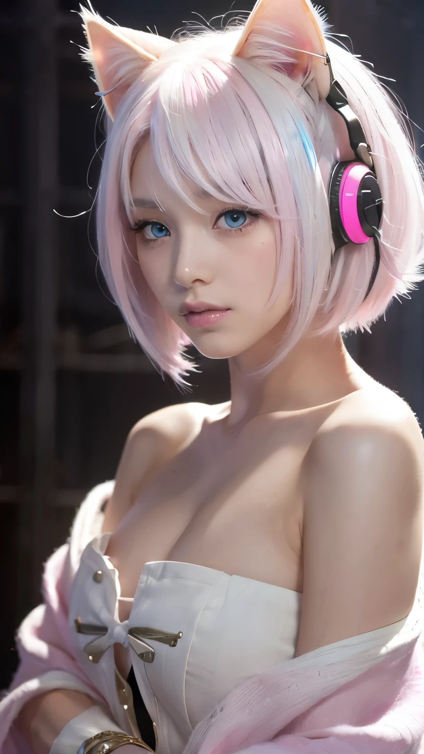 {{masterpiece}},{{highest quality}},Bokeh,Awareness-raising,1 perfect portrait of a girl, A fascinating eye for perfect detail), Colorful Hair, (pink soft hair:1.6), (Cat ear:1.3),Slim and tall body type, Fantasy purple background, {Exposed bare shoulders},{Long-term alienation_sleeve}, {Lean forward slightly}, If you look up,hair ornaments,{shy},Please keep your mouth shut, Tilt your head,{Small breasts} ,Cinema Lighting,Larger clothes, ((Seductive pose)), Bright Blue Eyes, Crying face、tears