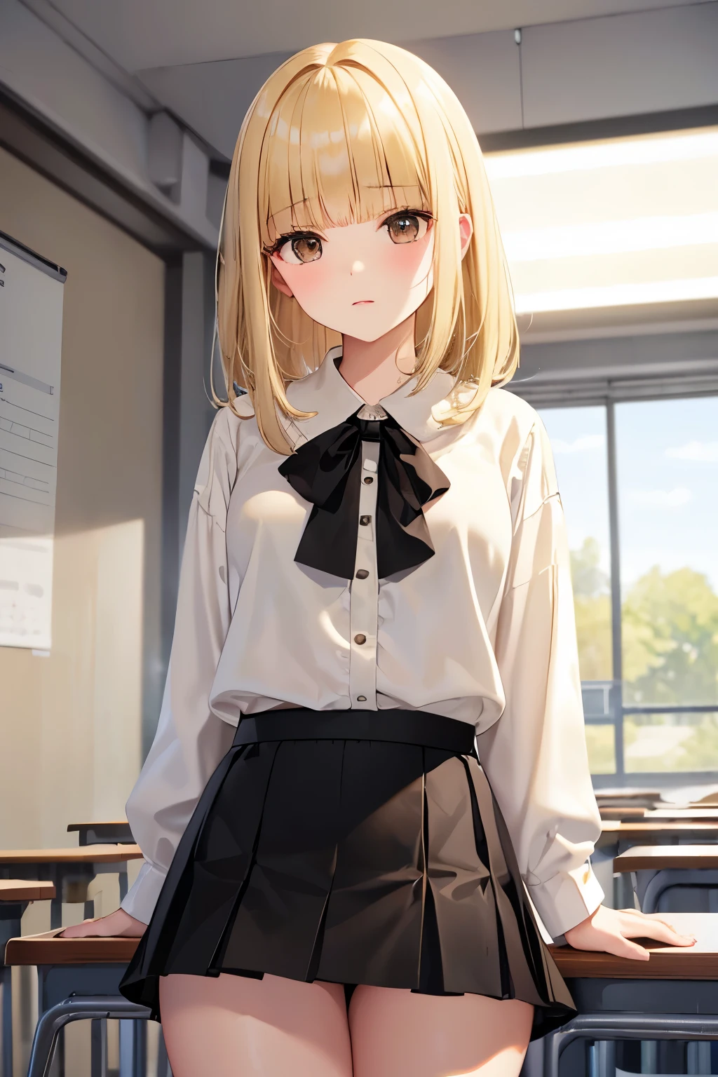 best quality, highres,Slender、brown eyes、tall、(bangs bangs:1.5)、bob hair、shortcut、classroom、18-year-old、(white blouse:1.5)、(black skirt:1.5)、(blonde:1.5) 、8 life size