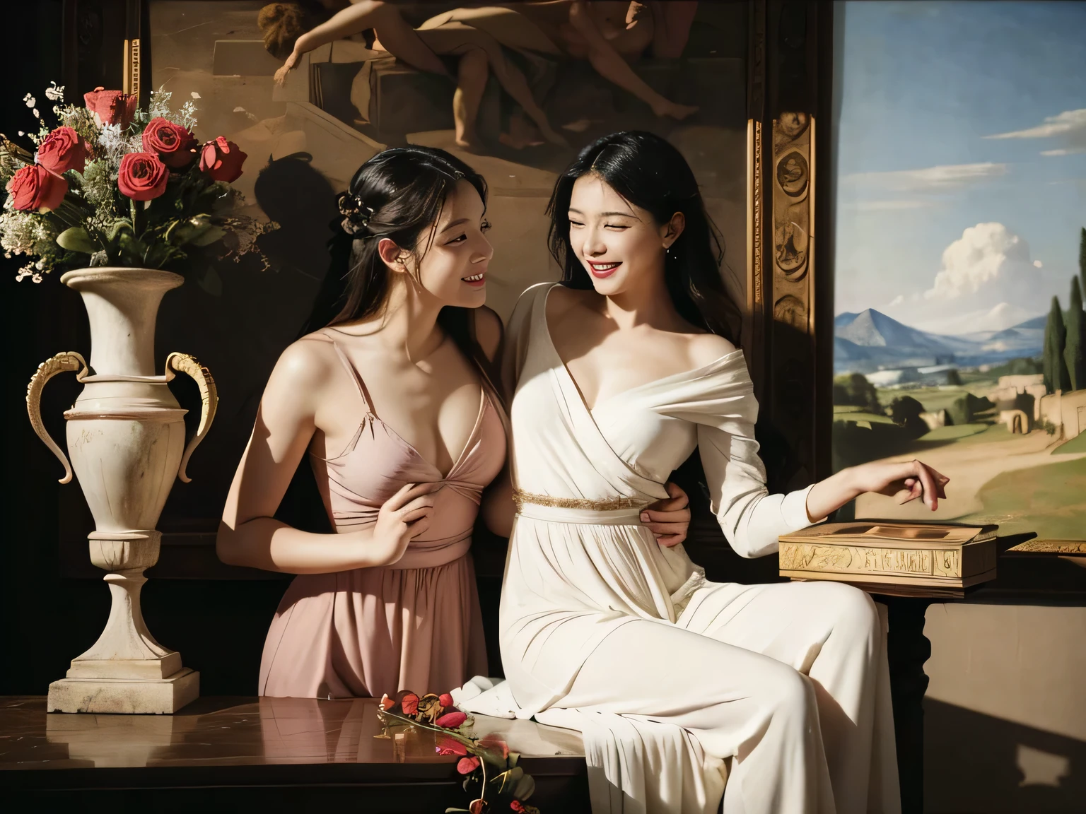 full body portrait or statue、Giorgione painting style,Arguments of two female Philosophe,math、astronomical machine、astronaut、roses in vase、fruits、Cute trinkets、smile、ancient greek costume、Ancient Roman landscape in the style of Nicolas Poussin,laughter,,Sweet and seductive appearance.、Caravaggio's paintings、Chiaroscuro of Caravaggio、hair tousled by the wind,Two women frolicking,cute smile, expression of ,Sexy,erc