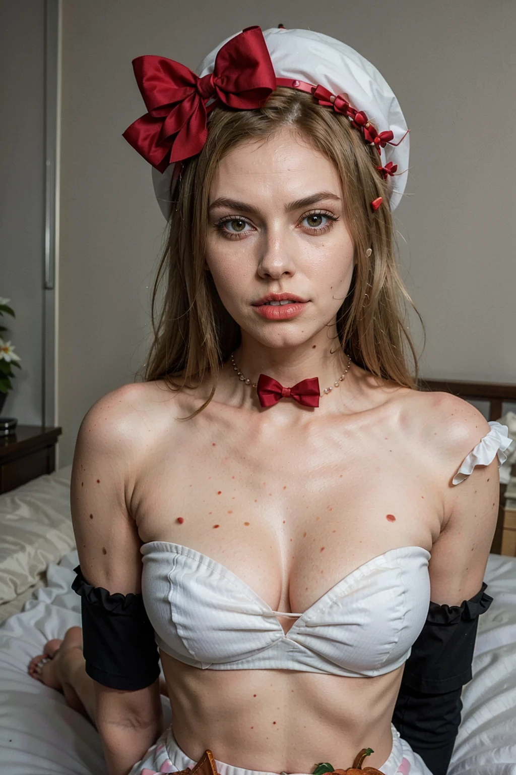 Lambdadelta, dress, bow, red shoes, striped stockings, red bow, pink hat, necklace, gloves, pearl, pumpkin brooch,lying on bed, looking at viewer, cleavage, expressionless. extremely detailed, 16k CGI render ((photography)), masterpiece, best quality, 