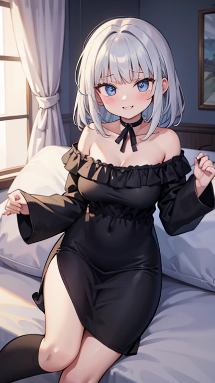 ((highest quality)), ((masterpiece)), (become familiar with), perfect face,silver hair,medium hair,grated bangs,eyes without highlights,Desaturated dark blue eyes,Drooping eyes,grinning,look down,black choker,tall,big breasts,Rubbing your chest with selfie,off shoulder knit,black panties,black pumps,slender,19 years old,Show the whole body,Reflection to the toes,Bedroom,