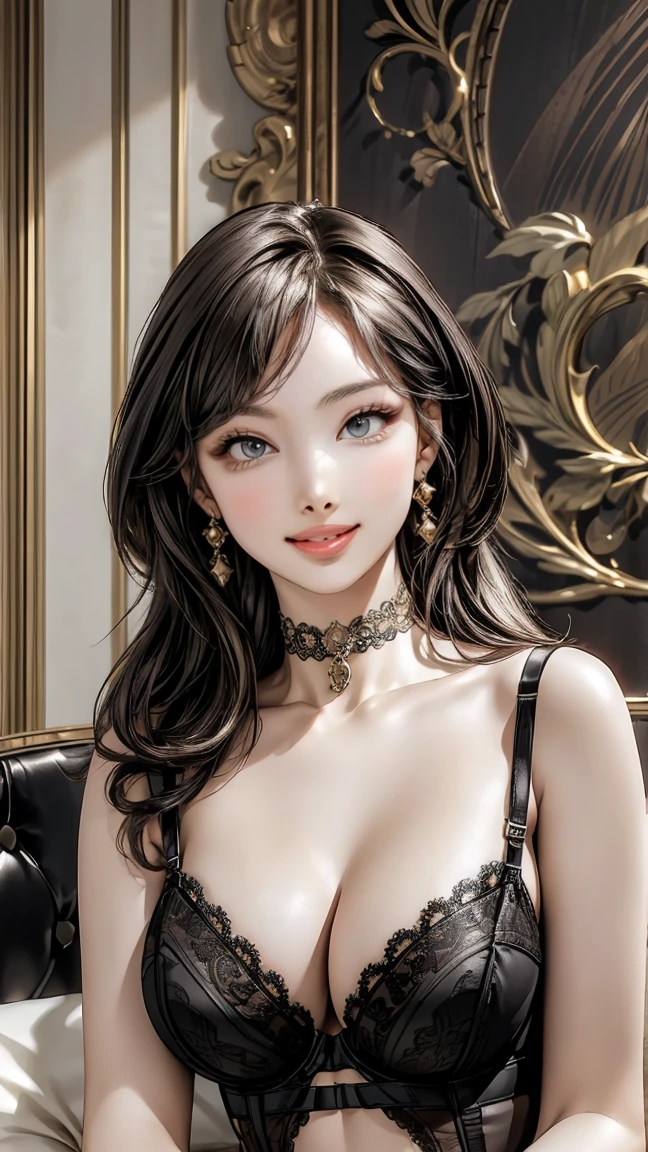 (best quality,4k,8k,highres,masterpiece:1.2),ultra-detailed,(realistic,photorealistic,photo-realistic:1.37),perfect slim fit body, slim waist, wide hips, (big breasts, sexy lace lingerie:1.2, choker), (luxury penthouse with elaborate details)