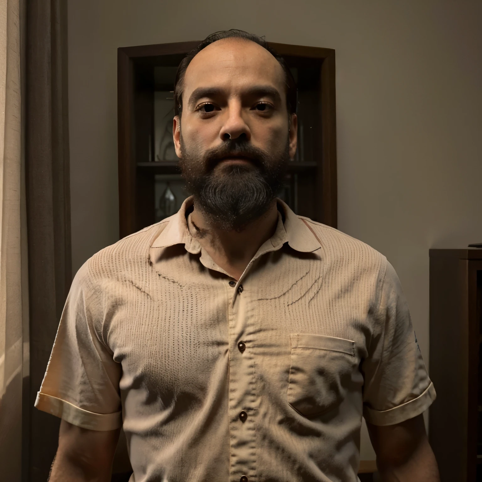 Homem de 30 e poucos anos sendo detetive em 1947 com sobretudo, terno e camisa pretos e com uma gravata vermelha, cabelos pretos e barba