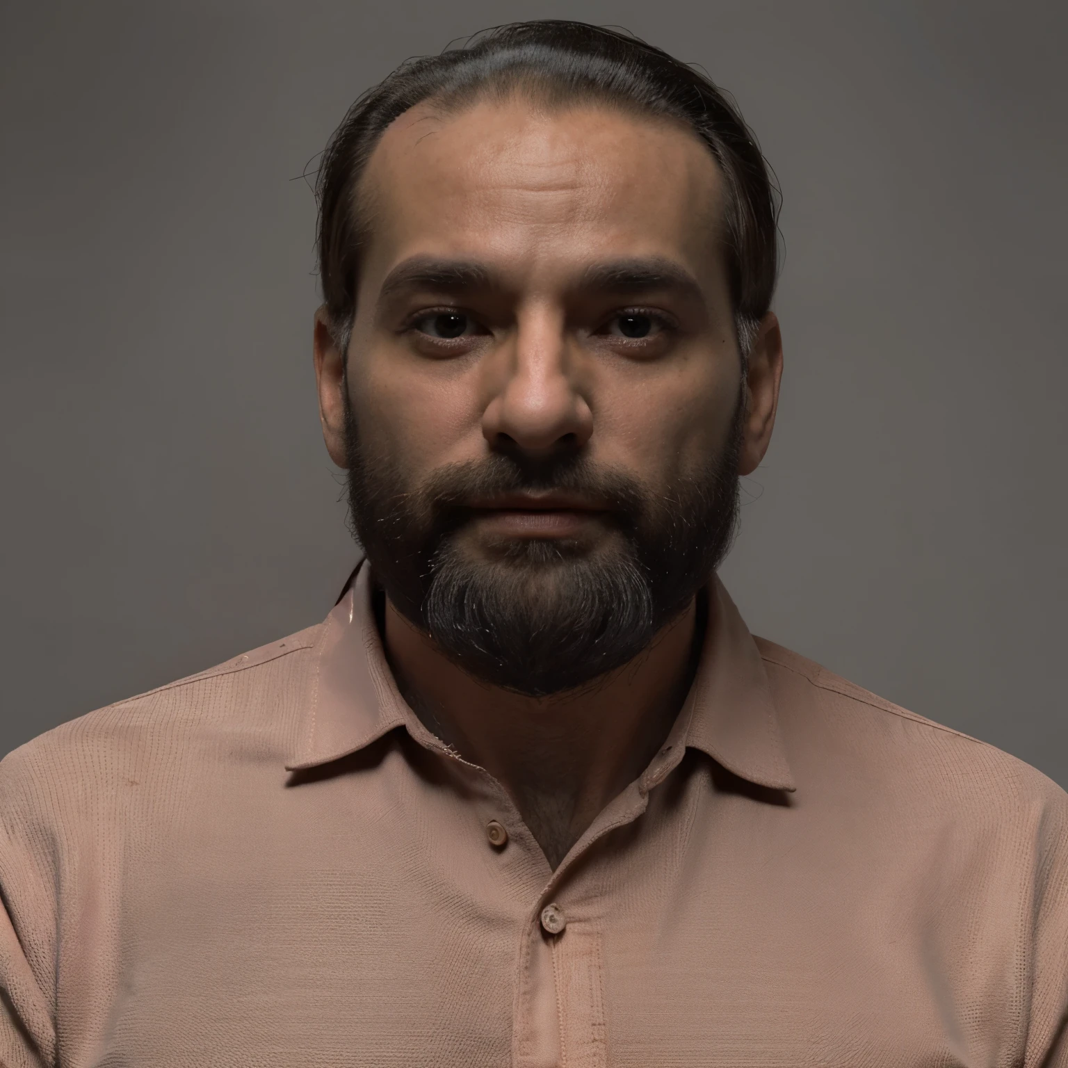 Homem de 30 e poucos anos sendo detetive em 1947 com sobretudo, terno e camisa pretos e com uma gravata vermelha, cabelos pretos e barba