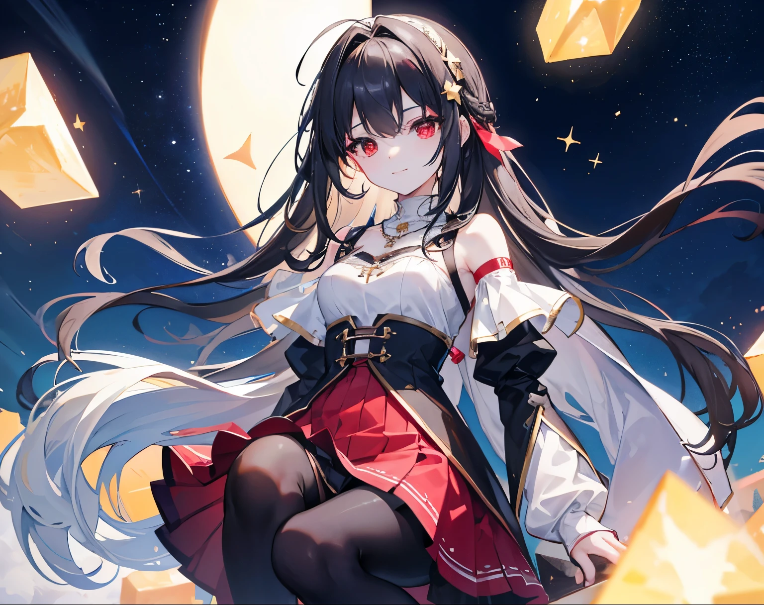 clear,Sunny morning sun,Many bright stars,A lot of meteors,clear,red eyes,Two dimensions,black sleeves,top quality, masterpiece,hair accessories, necklace, jewelry, pretty face, calm smile, , Tyndall effect,edge lighting, two color lights, (HD skin:1.2), 8K Ultra HD, soft light, high quality, Volumetric lighting, admit, photography, High resolution, 4K, 8K, Bokeh,boots,very high,Shoulder straps,skirt,skirt,black pantyhose,slender hands,long hair