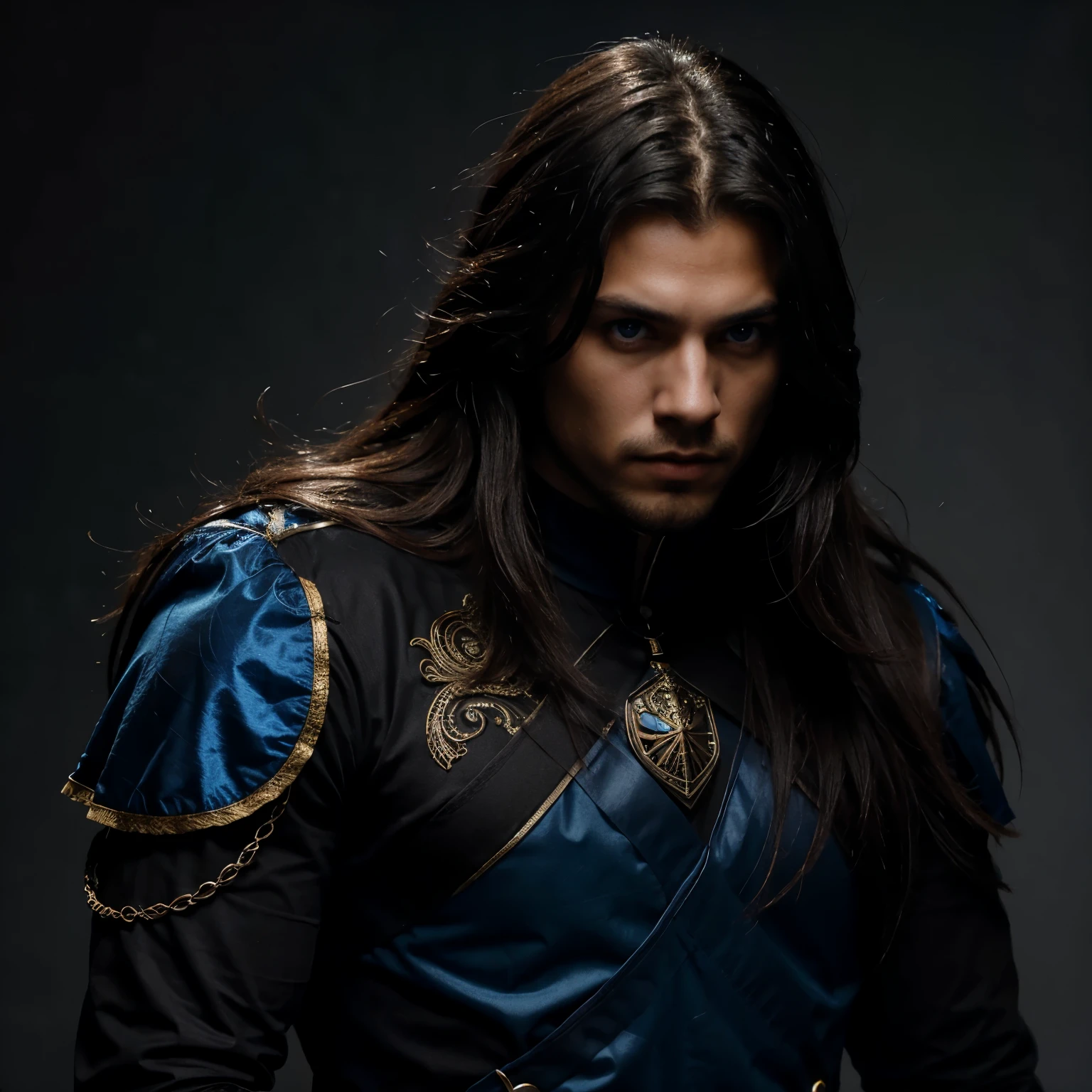 Hombre visible como un rey, cabello negro muy oscuro, electric blue eyes, cuerpo musculoso