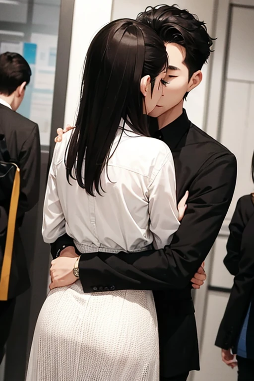 man and woman hugging each other、Men show their backs、The woman looks over her shoulder