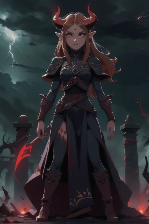 Thunderstorm, demon Princess Zelda, standing alone, covered in blood