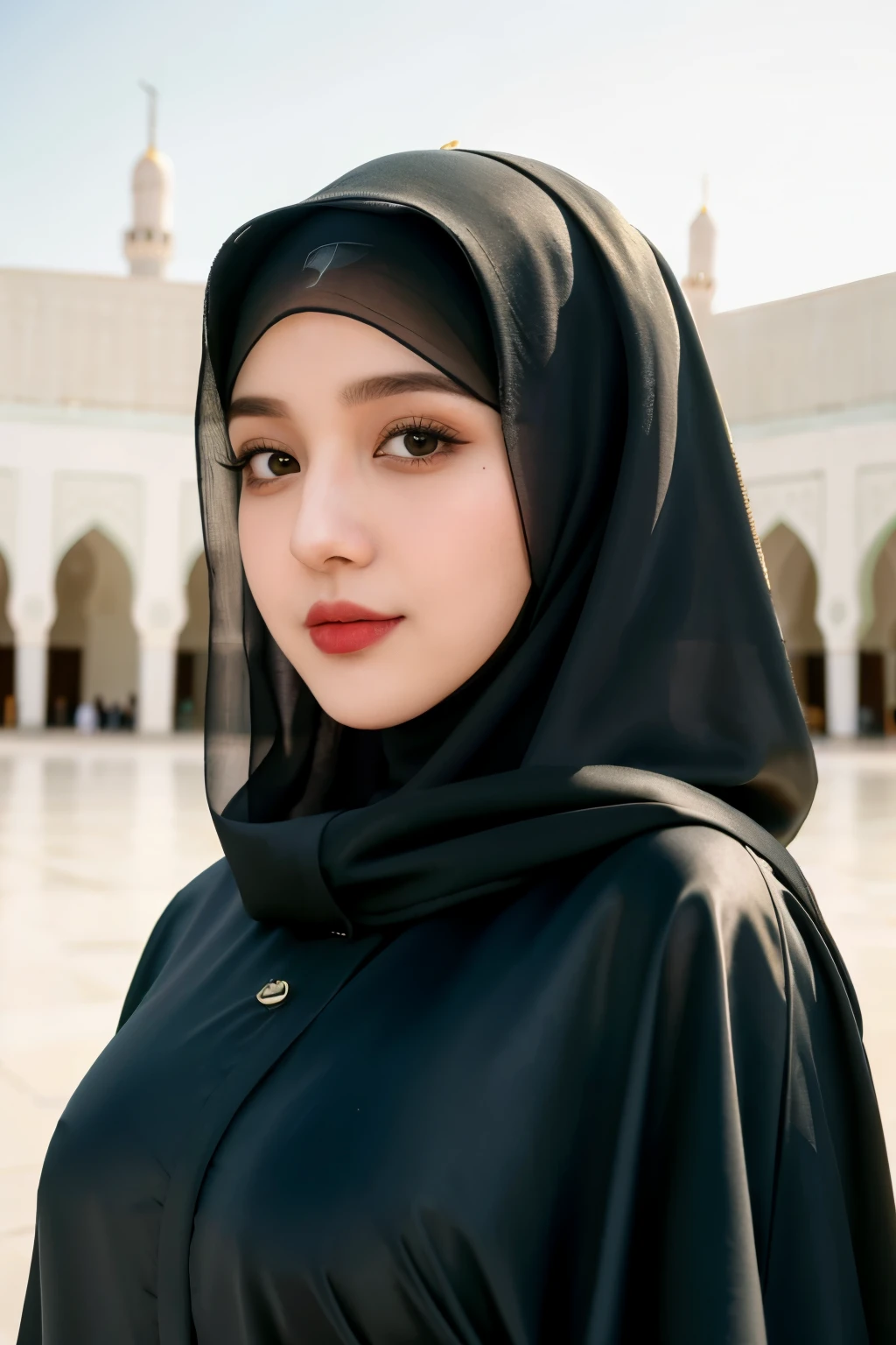 RAW photo of a 24 year old girl wearing hijab, satin abaya, satin, hijab face portrait, ((Masjidilharam Mekah background)), 8k uhd, dslr, soft lighting, high quality, film grain, Fujifilm XT3, covered dress, decent dress, Giganitic tits 1:5