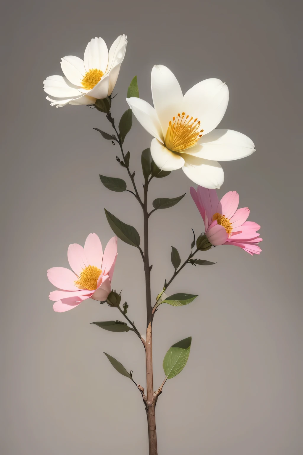 High quality flowers blooming on rough branches on gray background,Simple light style background