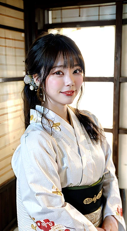 ((highest quality, 8K, masterpiece: 1.3)), sharp focus: 1.2, (super beautiful face: 1.0), (Slender abs beauty: 1.0), (shiny skin: 1.0), realistic pictures, black hair, Natural skin texture,Human skin close up, The skin has a golden tone and looks healthy.,Use natural light and color,28 years old, High resolution eyes and face, video writing, (cowboy shot: 1.3), (kimono, Similarly, heart: 1.4), (cute japanese actress), Originally, traditional kimono, Happy, looking at the audience, front,freckles,crying bokuro,smile