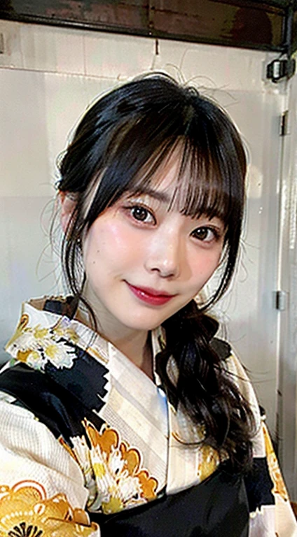 ((highest quality, 8K, masterpiece: 1.3)), sharp focus: 1.2, (super beautiful face: 1.0), (Slender abs beauty: 1.0), (shiny skin: 1.0), realistic pictures, black hair, Natural skin texture,Human skin close up, The skin has a golden tone and looks healthy.,Use natural light and color,28 years old, High resolution eyes and face, video writing, (cowboy shot: 1.3), (kimono, Similarly, heart: 1.4), (cute japanese actress), Originally, traditional kimono, Happy, looking at the audience, front,freckles,crying bokuro,smile