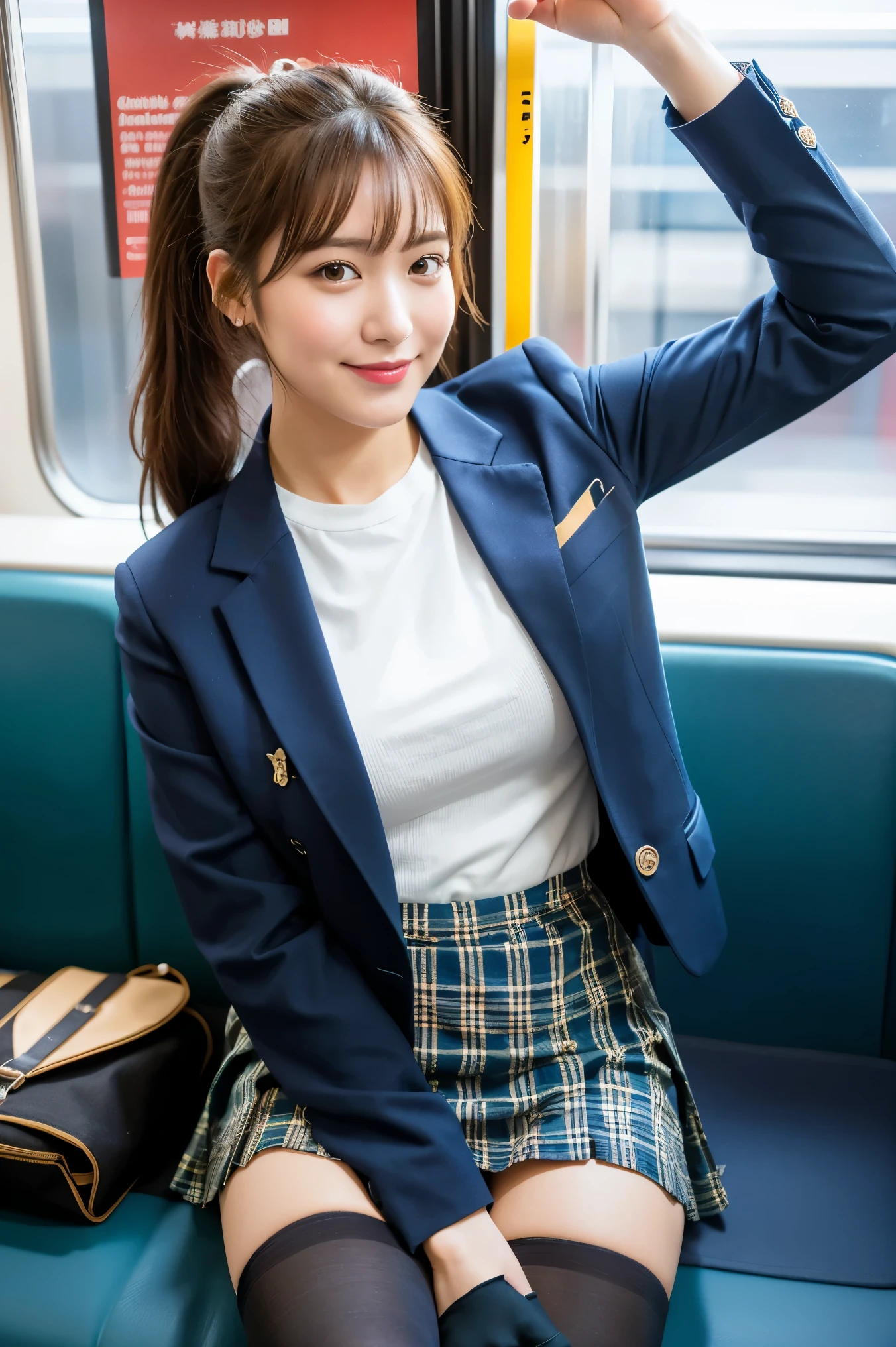 (8K), (highest quality: 1.2), (realistic), (realistic: 1.37), ultra high resolution, 1 girl, cute, smile, closed mouth, beautiful details, beautiful nose, beautiful hair, ponytail,giant dulcefo, pork, thighs,self snap,University Student Uniform,Sitting on a train in Tokyo,simple blazer,pleated skirt,(The pattern of the skirt is a tartan check pattern...:1.3),cross your legs, (From above),(thighsにクローズアップ),(濡れたthighs),(Opaque blue thick knee-high tights:1.3)