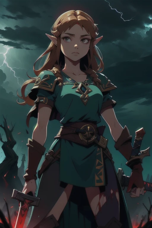 Thunderstorm, Princess Zelda, standing alone, sword, blank eyes, covered in blood and gore,