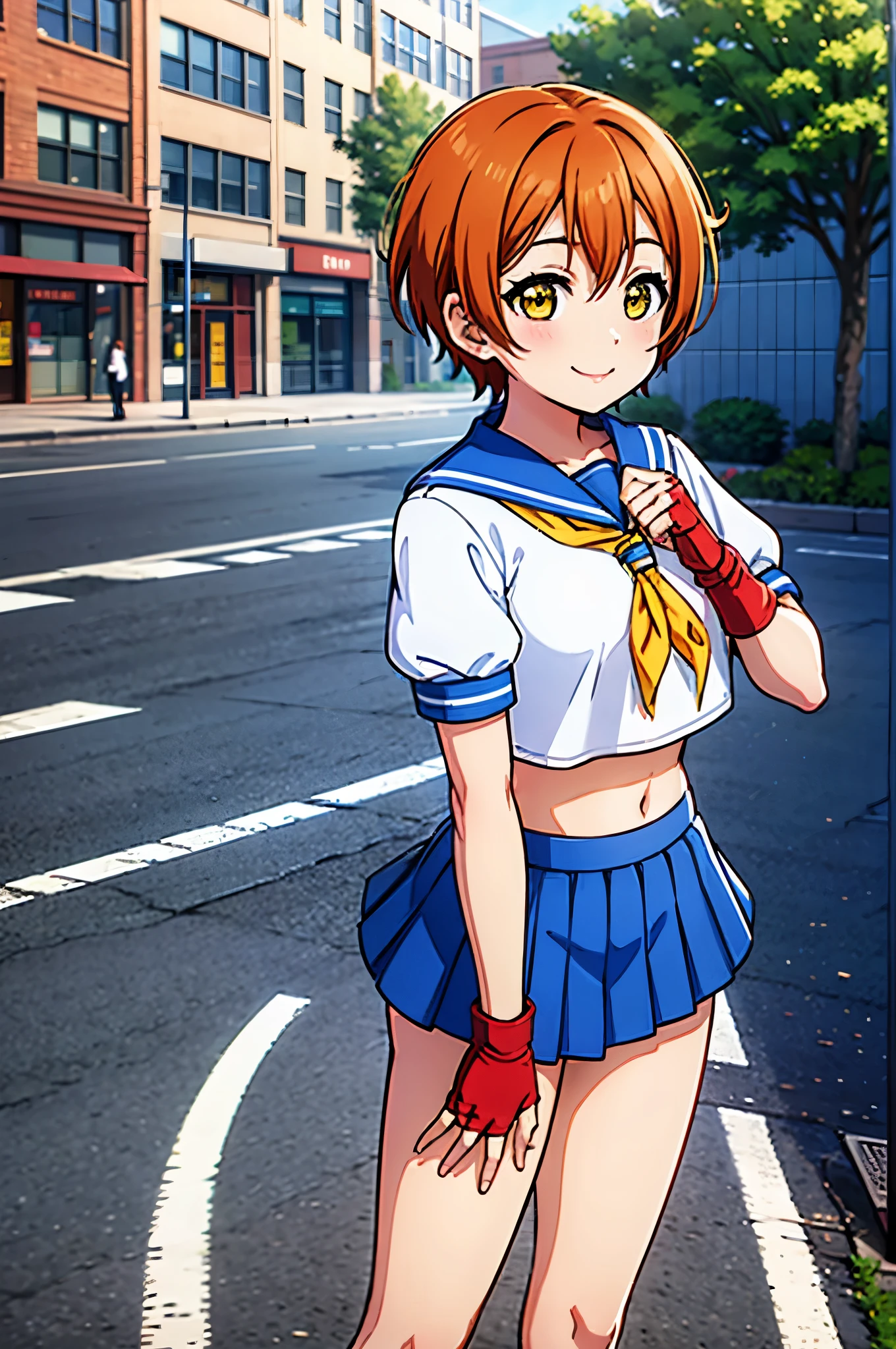 Hoshizora rin, orange hair, yellow eyes ,short hair, bangs, , crop top, red neckerchief, ((blue skirt)), fingerless gloves, thighs, standing, cowboy shot, standing,in street , smile 