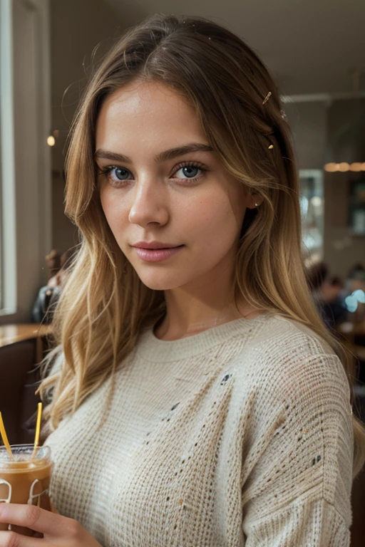 Beautiful blonde with light strands in a beige sweater (drinking soda in a cafe), very detailed, 22, innocent face, natural wavy hair, Blue eyes, A high resolution, masterpiece, Best quality, complex high detail, very detailed , sharp focus, detailed skin, realistic skin texture, texture, detailed eyes, professional, 4K, Charming smile, shot on Canon, 85 mm, shallow depth of field, Цвет Kodak Vision, perfectly toned body, extremely detailed, Photo_ \(ultra\), Photorealistic, realistic, Treatment after, maximum details, roughness, real life, ultra realist, photorealism, Photo, 8k UHD, Photo