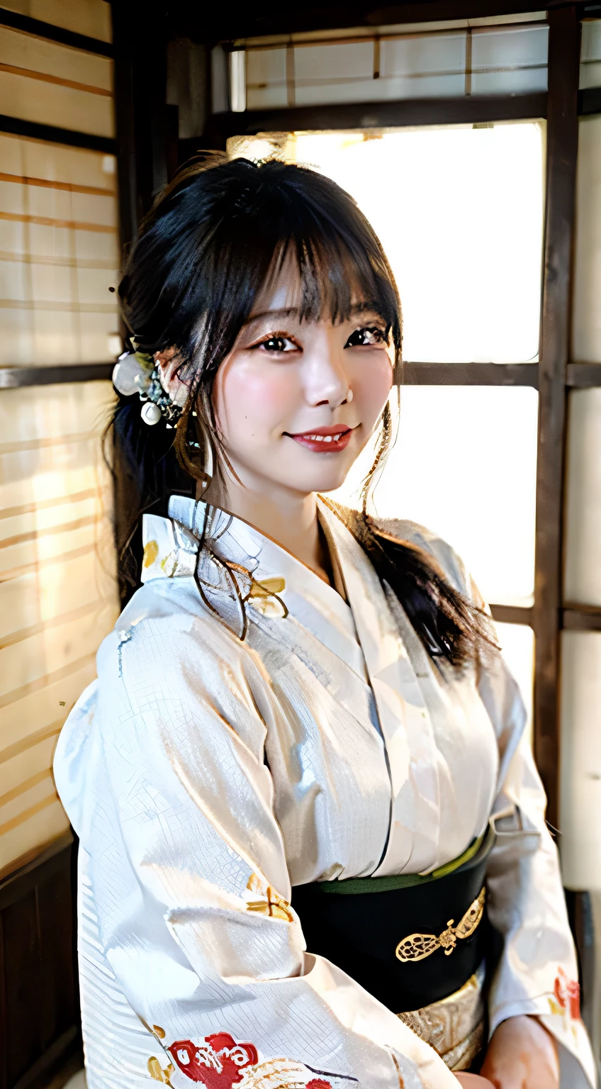 ((highest quality, 8K, masterpiece: 1.3)), sharp focus: 1.2, (super beautiful face: 1.0), (Slender abs beauty: 1.0), (shiny skin: 1.0), realistic pictures, black hair, Natural skin texture,Human skin close up, The skin has a golden tone and looks healthy.,Use natural light and color,28 years old, High resolution eyes and face, video writing, (cowboy shot: 1.3), (kimono, Similarly, heart: 1.4), (cute japanese actress), Originally, traditional kimono, Happy, looking at the audience, front,freckles,crying bokuro,smile