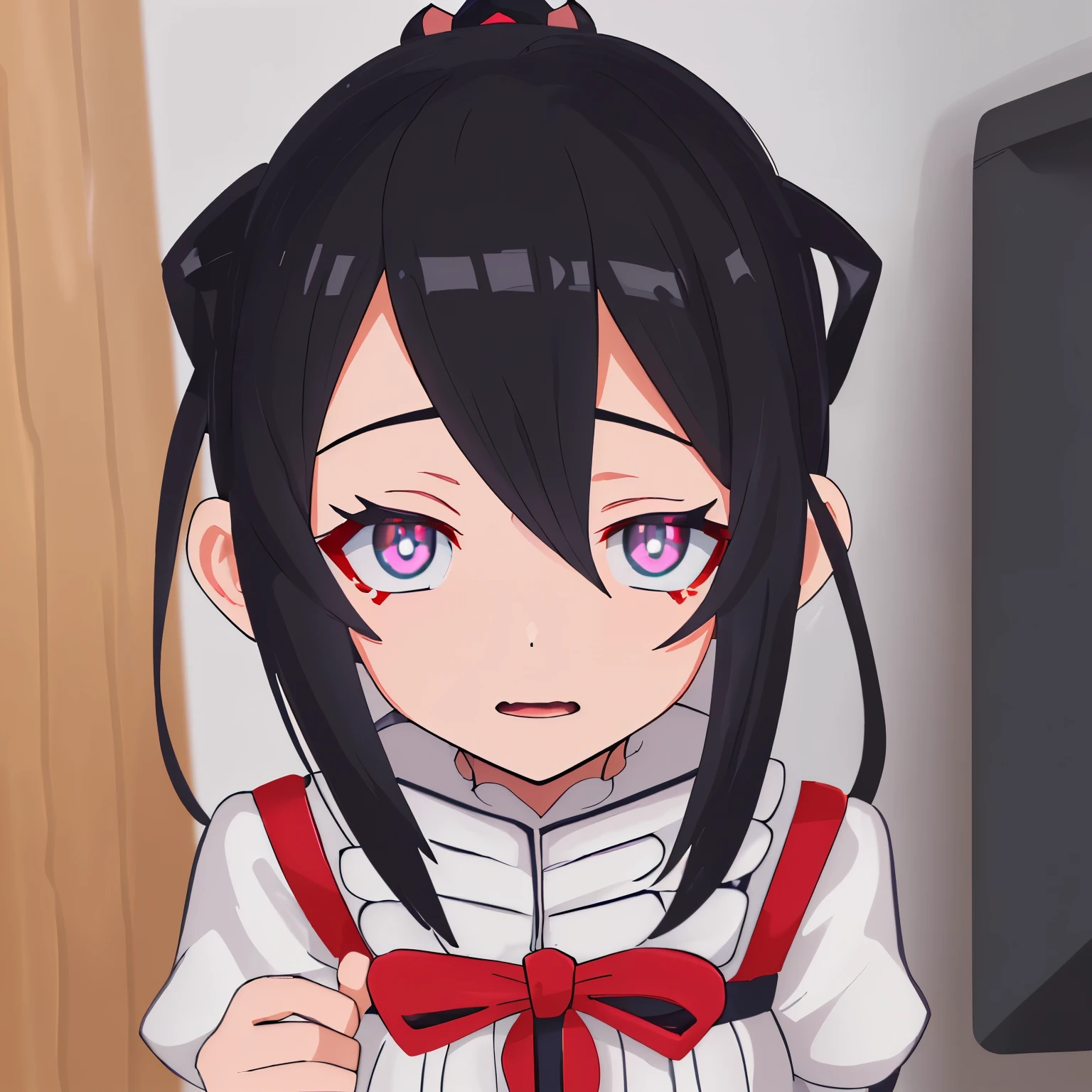 Captura de pantalla de my hero academia mujer de cabrllo ondulado de una altura media con ojos de color cafe claro con un top crop negro de fondo blanco y es muy atractiva y elegante