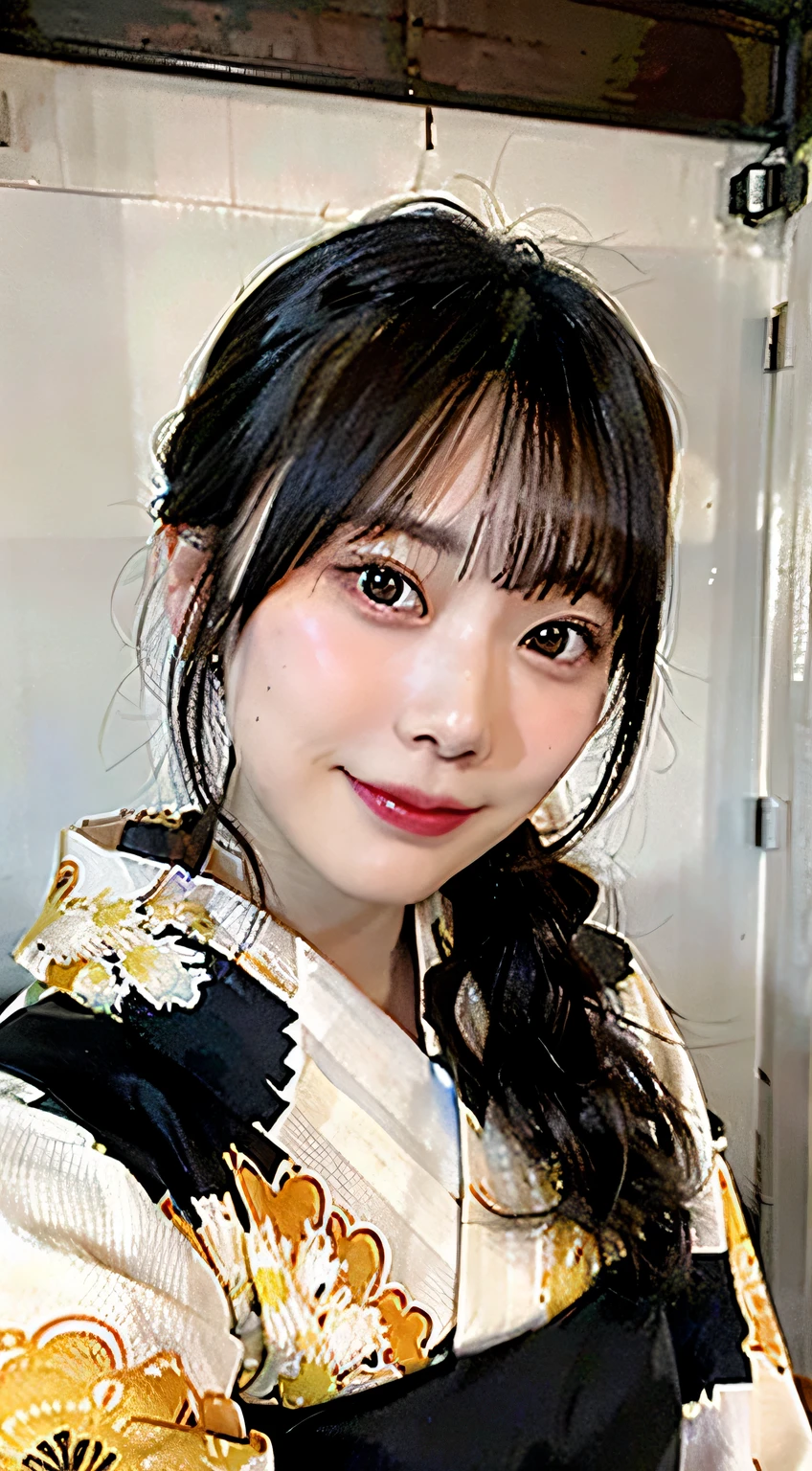 ((highest quality, 8K, masterpiece: 1.3)), sharp focus: 1.2, (super beautiful face: 1.0), (Slender abs beauty: 1.0), (shiny skin: 1.0), realistic pictures, black hair, Natural skin texture,Human skin close up, The skin has a golden tone and looks healthy.,Use natural light and color,28 years old, High resolution eyes and face, video writing, (cowboy shot: 1.3), (kimono, Similarly, heart: 1.4), (cute japanese actress), Originally, traditional kimono, Happy, looking at the audience, front,freckles,crying bokuro,smile