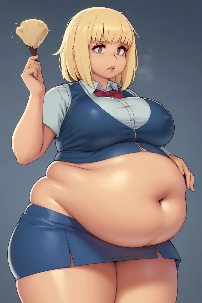 1 girl, art by kipteitei, best quality, masterpiece, high resolution, taller , round fat belly, love handles, hanging belly, thick thighs, really big breasts, oval shaped breasts, really big ass, medium length hair, really blonde hair, messy hair, bottom heavy, wide hips, dark blue work skirt, skirt around navel area, dark blue vest, beige shirt, big lips, holding her belly, 