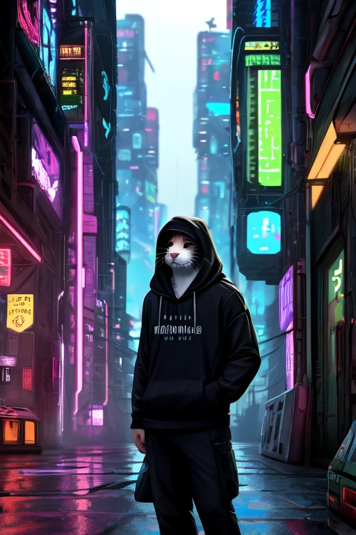 seal, log stay, pure, Humanity, male, alone, clothing, fur, 2022, black clothing, hoodie, black top, black hoodie, Cyberpunk city background