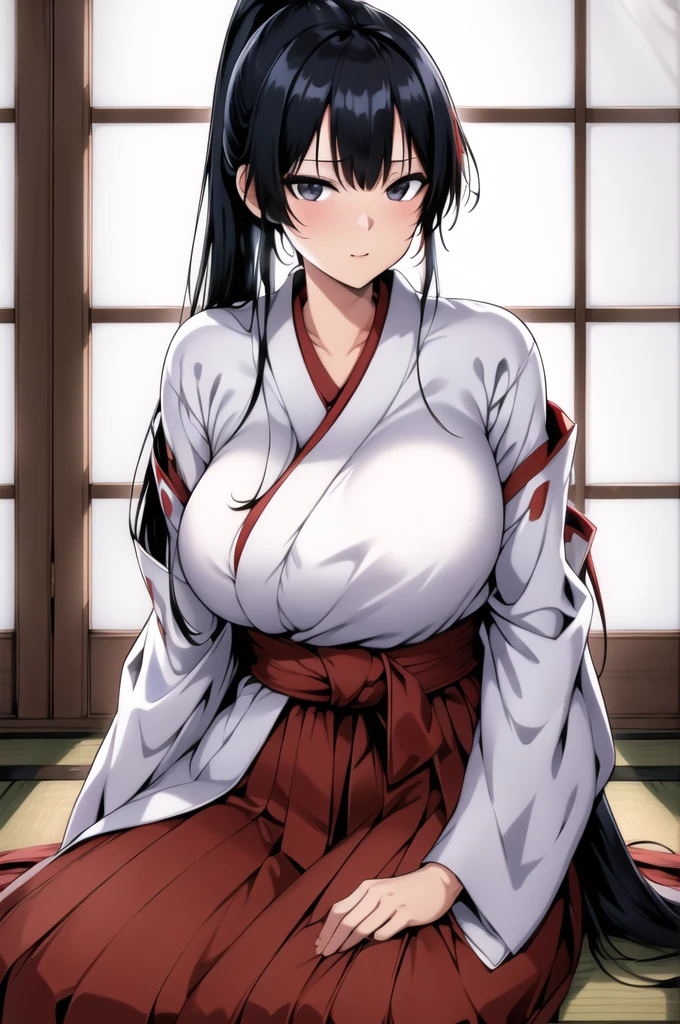 (day:1.7), in a room with a window,
sitting on the floor,
red_Hakama with white_kimono,japanese clothes,
Black eyes, Black hair,bangs, Long_hair, High ponytail,
1 girl, 20yo,mature female,Beautiful Finger,Beautiful long legs,Beautiful body,Beautiful Nose,Beautiful character design, perfect eyes, perfect face,
looking at viewer, in the center of the image,focus on face,
NSFW,official art,extremely detailed CG unity 8k wallpaper, perfect lighting,Colorful, Bright_Front_face_Lighting,
(masterpiece:1.0),(best_quality:1.0), ultra high res,4K,ultra-detailed,
photography, 8K, HDR, highres, absurdres:1.2, Kodak portra 400, film grain, blurry background, bokeh:1.2, lens flare, (vibrant_color:1.2)
(Beautiful,Large_Breasts:1.2), (beautiful_face:1.5),(narrow_waist),