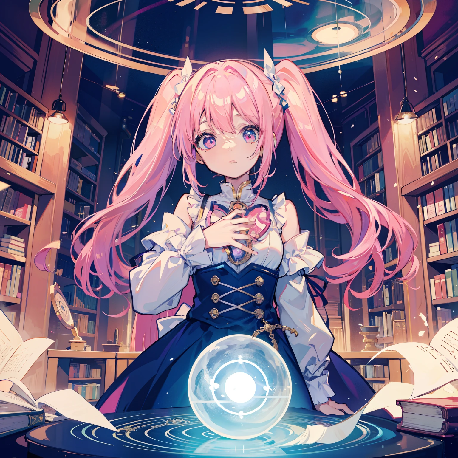 table top,very detailed,1 girl,alone,wonder、wonderな少女、perfection、wonderな雰囲気、No expression、spiral stage、Highly artistic、Magic circle on the floor、alot of magic circle、Countless Magic、A magic circle appears at the location of the heart.、Are standing、library、Books in the air、book of magic、Android Girl、The magic of the heart、Girl working in library、Magic circle on chest、A magic circle appears from his chest.、pink hair、Pigtails、long hair