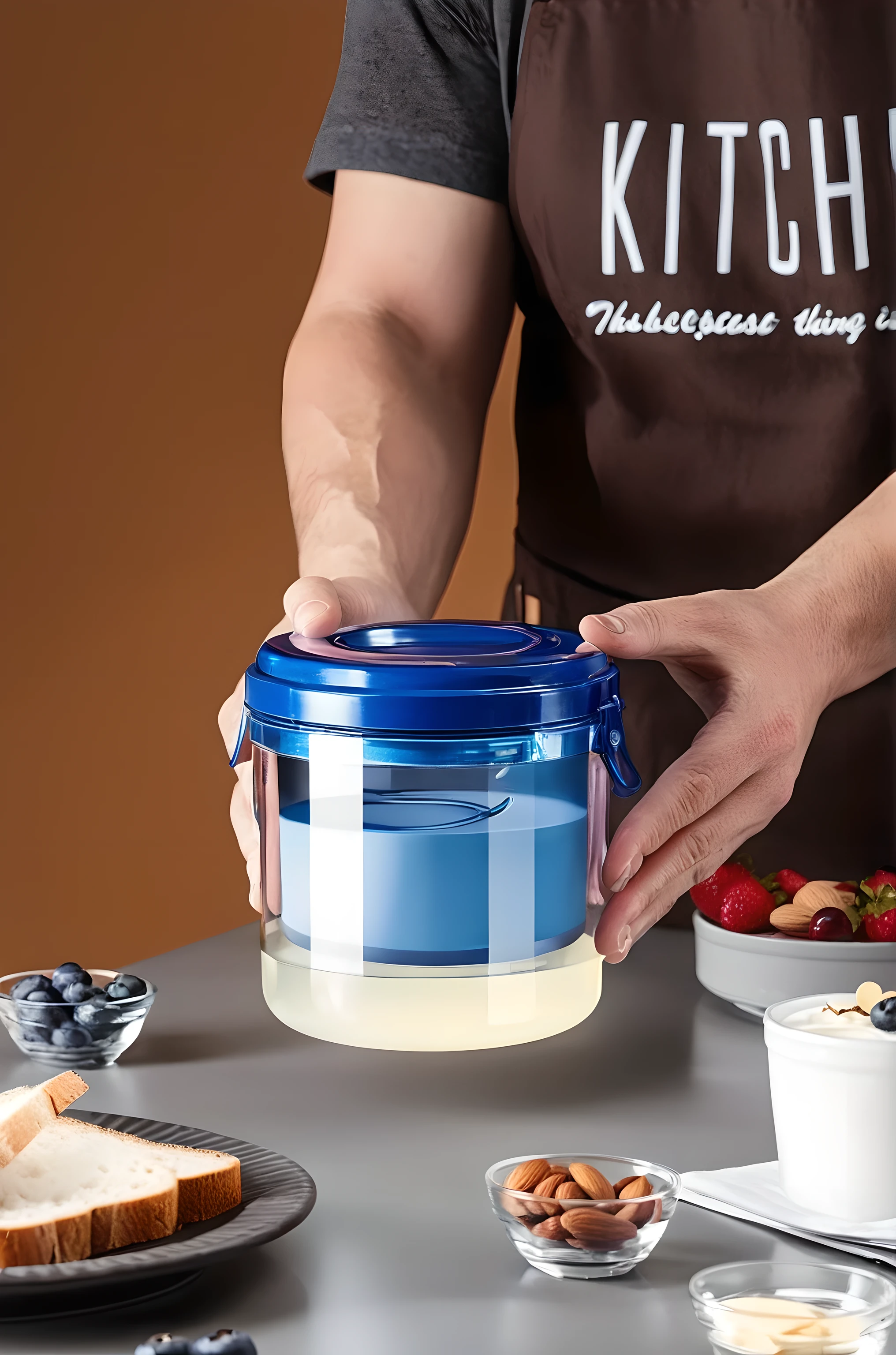 Design a living kitchen scene with a bright plastic container of high transparency as the focal point, which boasts an unblemished plastic blue lid. The smoothness of the glass is extremely high, reflecting soft light. It is clean and free of any stains, showing the purity and high-end of glass products. The plastic cover has a strong glossy texture, and its high-gloss spots accurately reflect the ambient light, making its high-quality material immediately recognizable. The light yellow liquid inside the container looks particularly attractive. The scene also includes some gloriously shiny blueberries, fresh and flawless, and sliced bread. Also included in this image should be a small cup of the same smooth and flawless texture of yogurt mixed with colorful fruits, and a small bowl of flawless almonds. The entire background is a warm brown tone, reinforcing the cozy feel of home and homemade food. This scene not only calls out the importance of a healthy lifestyle, but also showcases the beauty and satisfaction of homemade food.