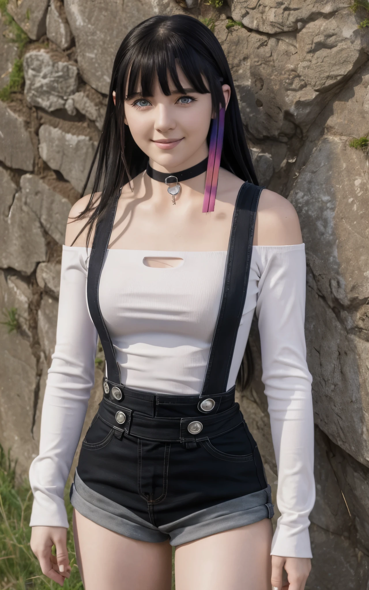 Realistic version of rouge redstar,1girl,pale skin, black hair, solo, long hair, pink eyes, black overall shorts,white off-shoulder shirt,suspenders,straps,silver buttons, indian red arm warmers,ear ornament, black choker, streaked hair, blunt bangs, looking at viewer,seductive smile, cowboy shot,stone wall, (best quality, masterpiece),blue sky,tree, long sleeves,clothing cutout, suspenders 